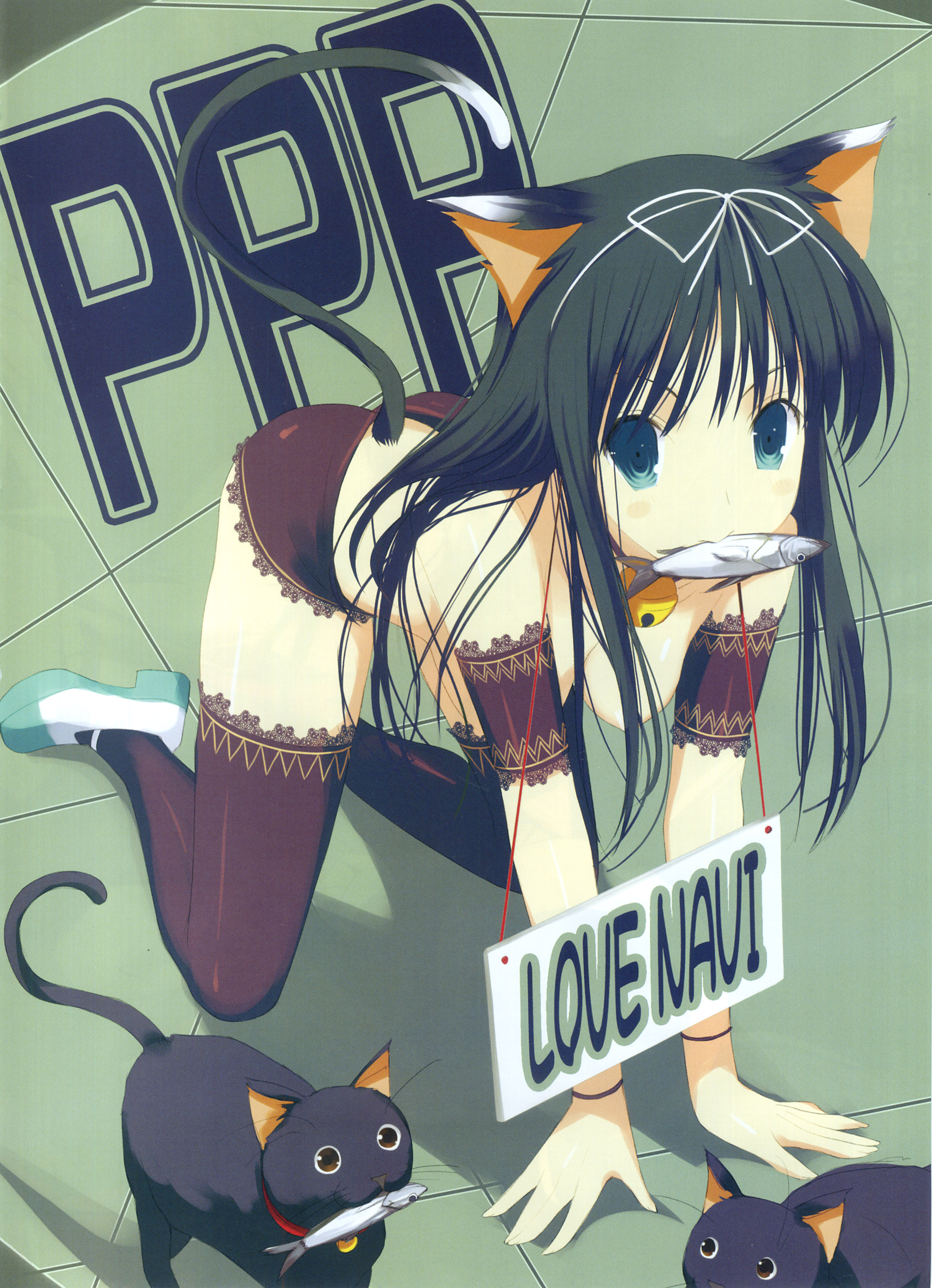 yaegashi nan, absurdres, highres, 1girl, animal ears, bell, black hair, blue eyes, cat, collar, female focus, fish, jingle bell, mouth hold, neck bell, sign, solo, tail, thighhighs, topless female