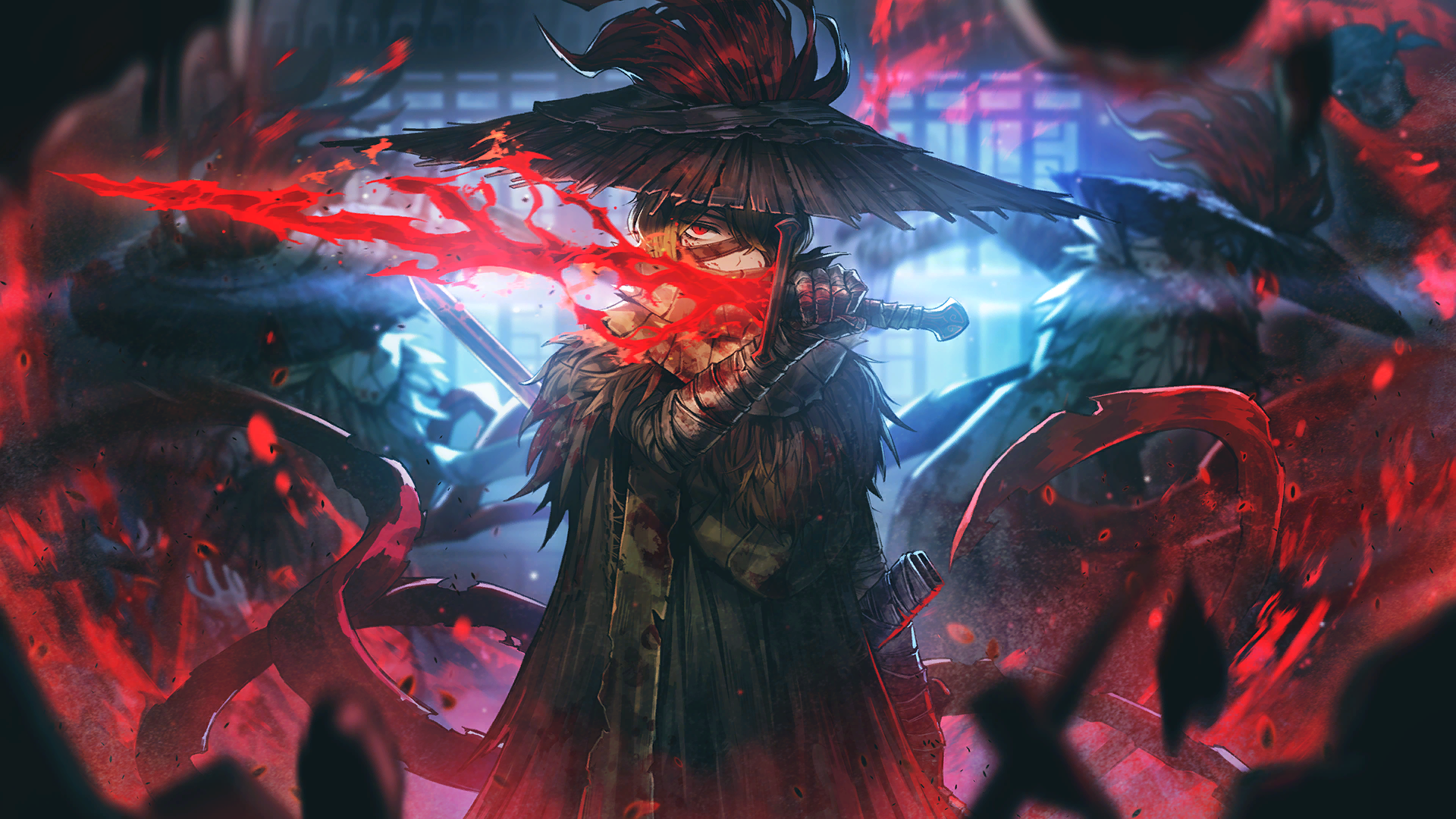 nai ga, sinclair (project moon), limbus company, project moon, game cg, highres, official art, 1boy, 2others, alternate eye color, blood, blood on clothes, bloody weapon, brown robe, dual wielding, feathered hat, fire, hat, heishou pack-you branch (identity) (project moon), holding, multiple others, red eyes, rice hat, robe, sheath, solo focus, sword, weapon