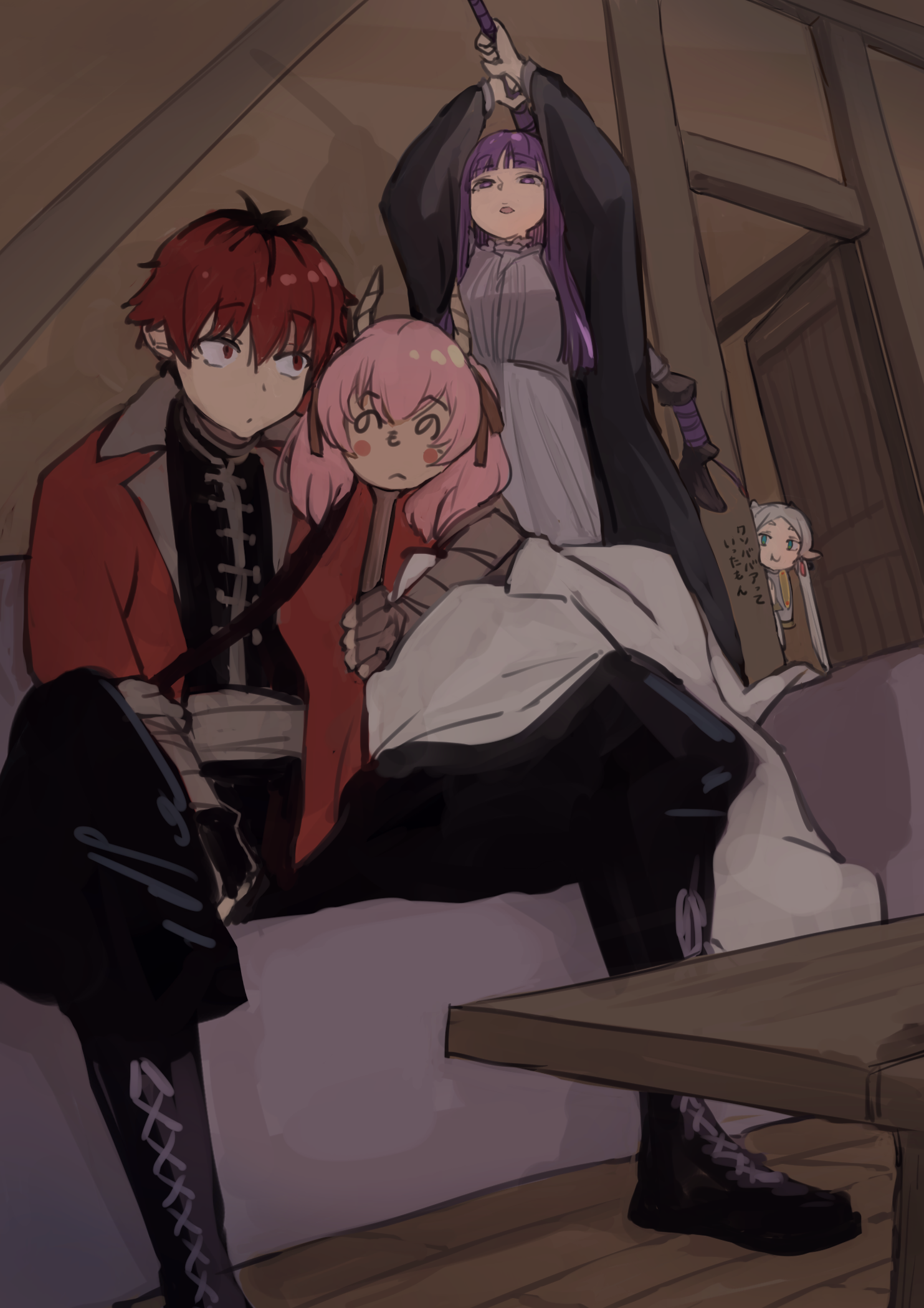 higemu, fern (sousou no frieren), frieren, linie (sousou no frieren), stark (sousou no frieren), sousou no frieren, commentary, highres, translation request, 1boy, 2girls, black boots, black coat, black hair, black pants, black tunic, blunt bangs, boots, coat, couch, demon horns, door, doorway, dress, elf, green eyes, henohenomoheji, holding, holding staff, horns, indoors, jacket, laughing, long hair, looking at another, mage staff, multicolored hair, multiple girls, open clothes, open coat, open door, open jacket, pants, parted lips, pink hair, pointy ears, red eyes, red hair, red jacket, sitting, staff, table, tunic, two-tone hair, white dress, white hair