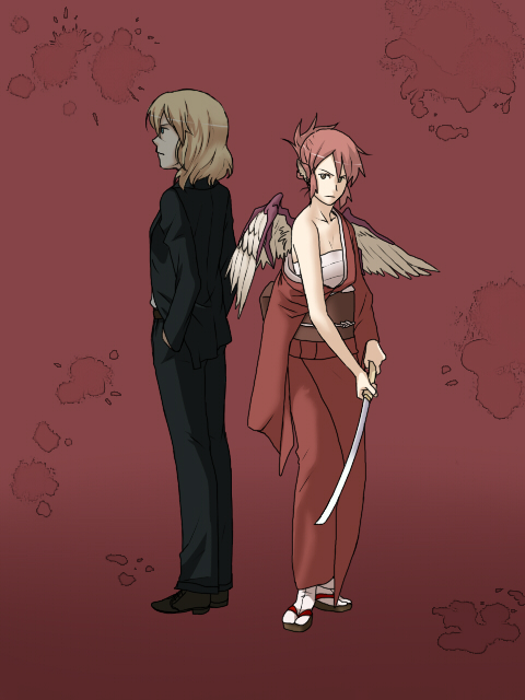torinone, alice margatroid, mystia lorelei, touhou, 2girls, alternate costume, contemporary, female focus, formal clothes, japanese clothes, kimono, multiple girls, pant suit, pants, sarashi, suit, sword, weapon