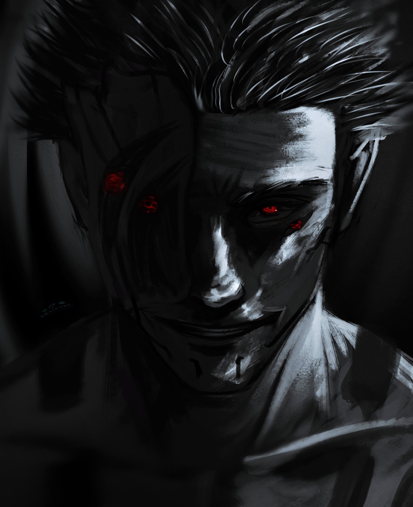 crain1art, ryoumen sukuna (jujutsu kaisen), ryoumen sukuna (true form) (jujutsu kaisen), jujutsu kaisen, commentary, english commentary, highres, 1boy, chest tattoo, close-up, evil grin, evil smile, extra eyes, facial tattoo, four eyes, greyscale, grin, monochrome, red eyes, short hair, shoulder tattoo, smile, solo, spiked hair, tattoo, teeth, topless male