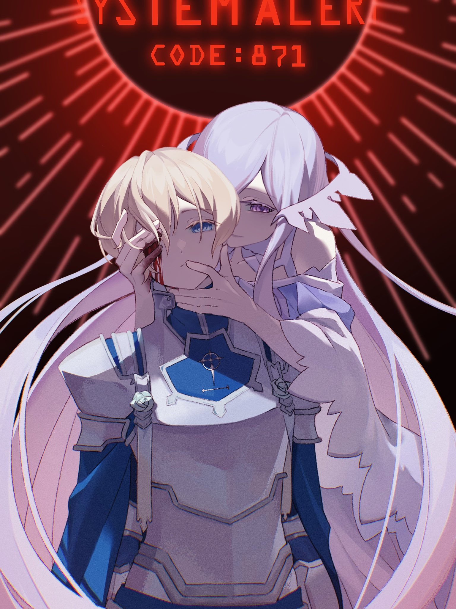 eugeo, quinella, sword art online, sword art online: alicization, commentary, highres, making-of available, 1boy, 1girl, armor, blonde hair, blood, bloody tears, blue eyes, breastplate, bsrzxlb, dress, hair ornament, hands on another's face, light smile, long hair, pauldrons, purple dress, purple eyes, purple hair, red background, short hair, shoulder armor, smile, very long hair