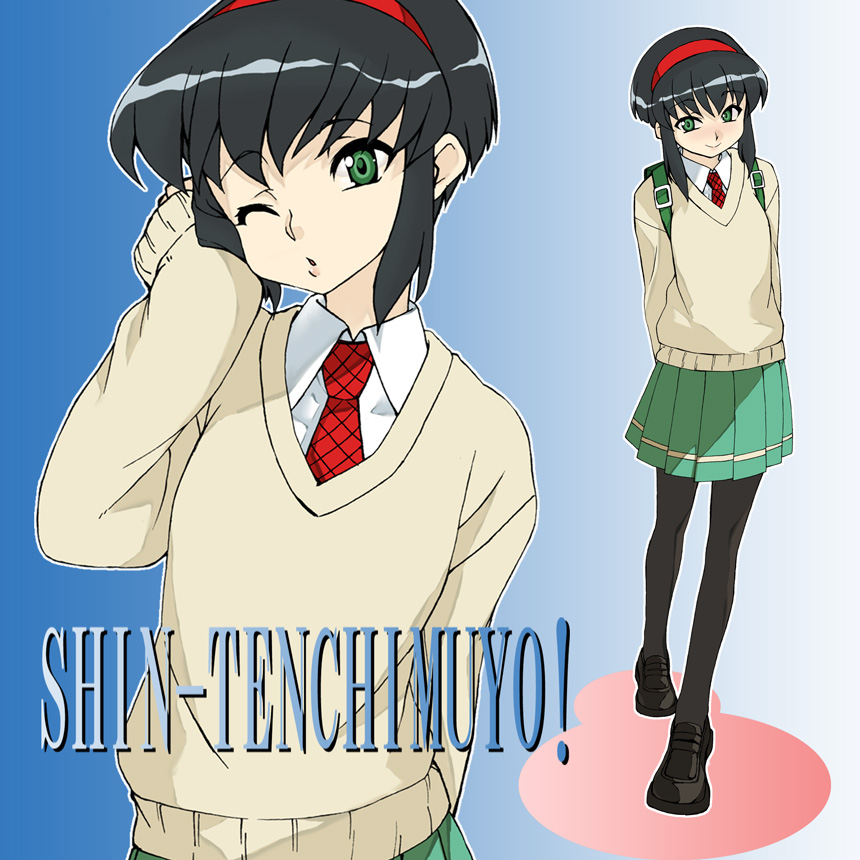 amano hosikawa, kumashiro sakuya, shin tenchi muyou!, tenchi in tokyo, tenchi muyou!, 1990s (style), 1girl, backpack, bag, black hair, green eyes, hairband, headband, loafers, miniskirt, necktie, one eye closed, pantyhose, pleated skirt, randoseru, school uniform, shoes, short hair, sidelocks, skirt, smile, sweater, wink