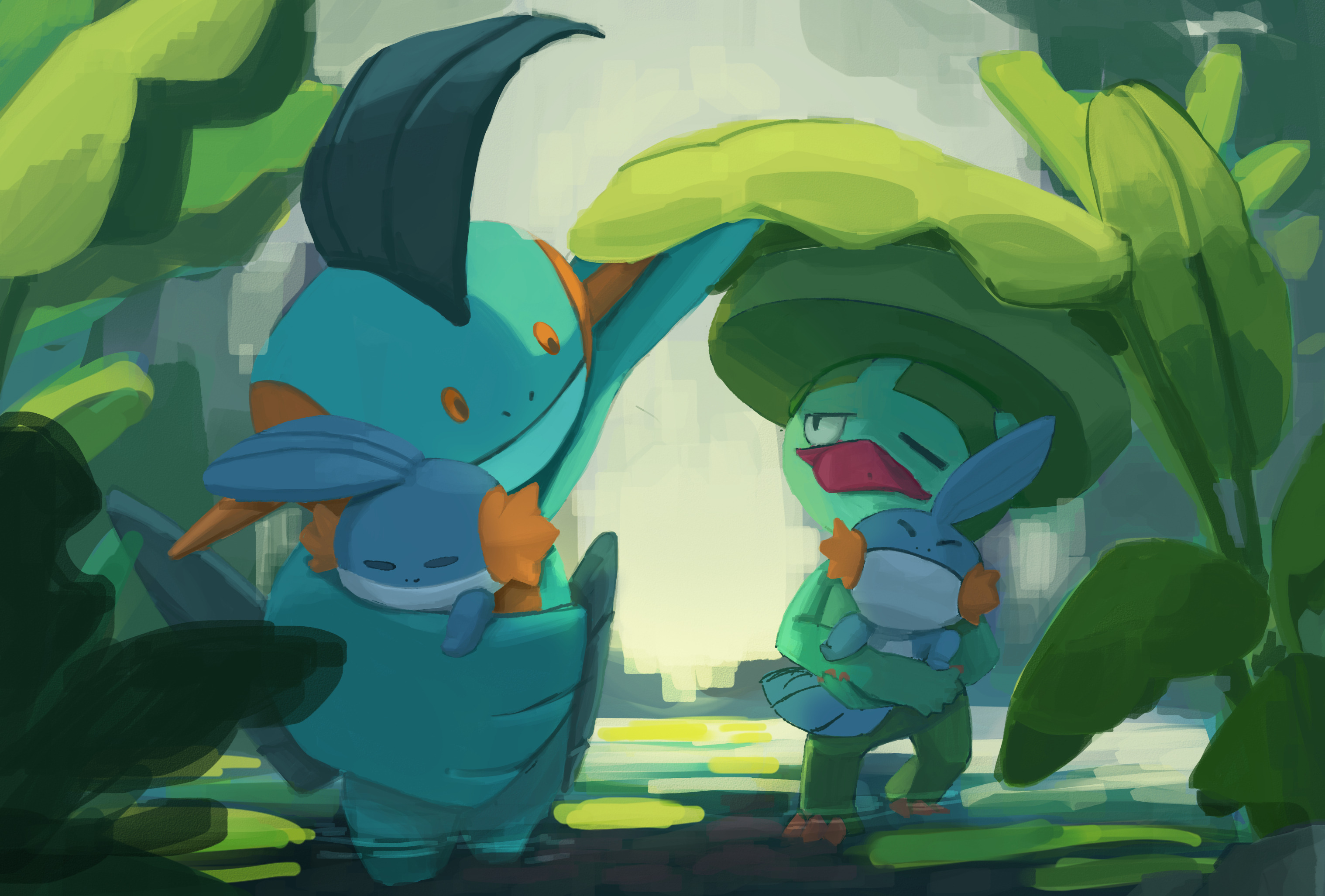 copheehouse, lombre, marshtomp, mudkip, nintendo, pokemon, highres, gen 3 pokemon, holding, no humans, one eye closed, open mouth, outdoors, plant, pokemon (creature), standing