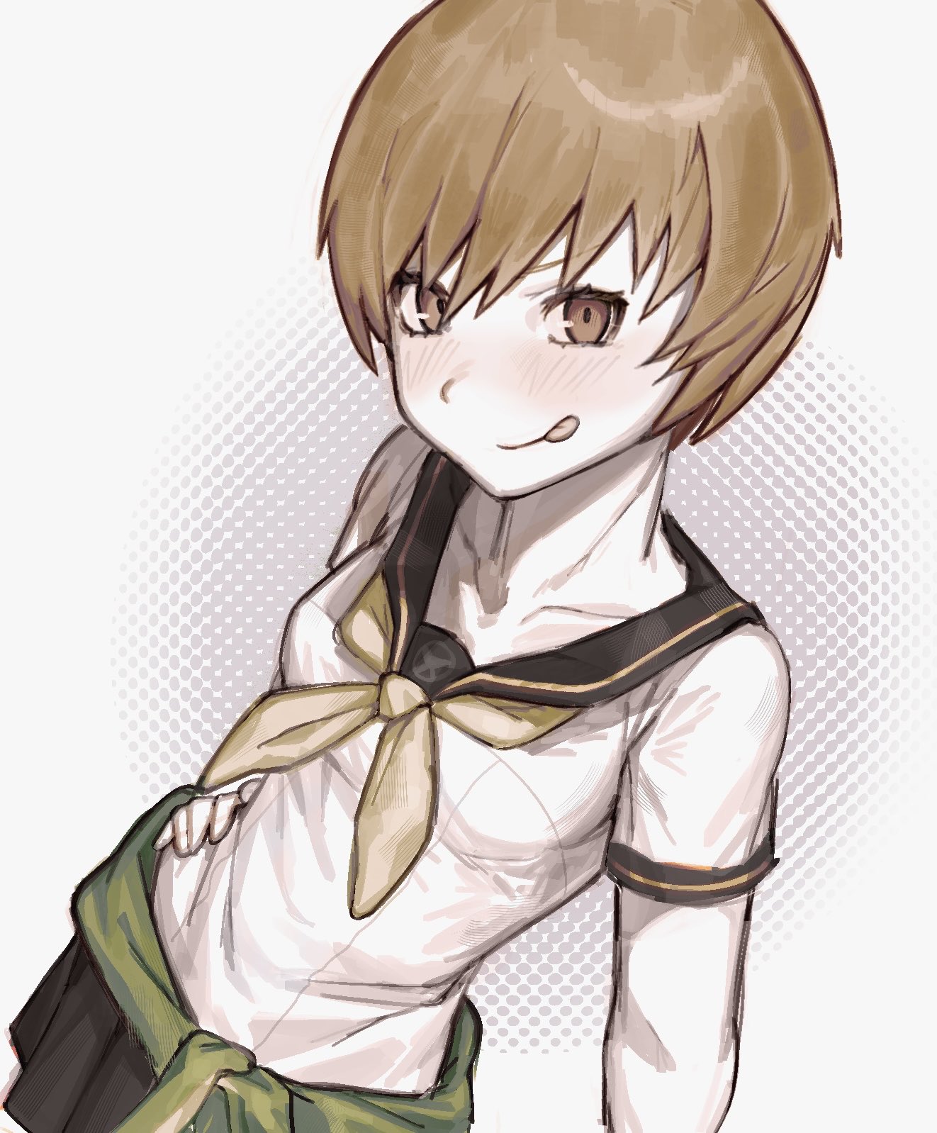 satonaka chie, persona, persona 4, commentary, english commentary, highres, 1girl, :p, arm at side, black sailor collar, black skirt, blush, brown eyes, brown hair, closed mouth, clothes around waist, collarbone, compactform, cowboy shot, dutch angle, hair between eyes, hand on own hip, jacket, jacket around waist, looking at viewer, neckerchief, pleated skirt, sailor collar, school uniform, shirt, short hair, short sleeves, skirt, solo, tongue, tongue out, white background, white shirt, yasogami school uniform, yellow neckerchief