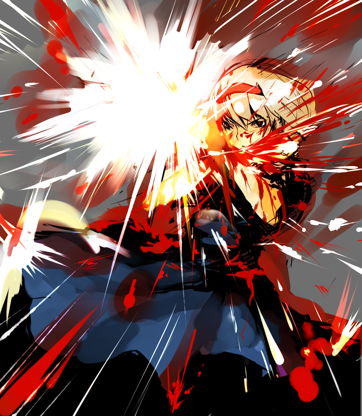 un-known (ninesix), alice margatroid, touhou, bad id, bad pixiv id, highres, 1girl, blonde hair, blood, female focus, hairband, red eyes, solo, standing