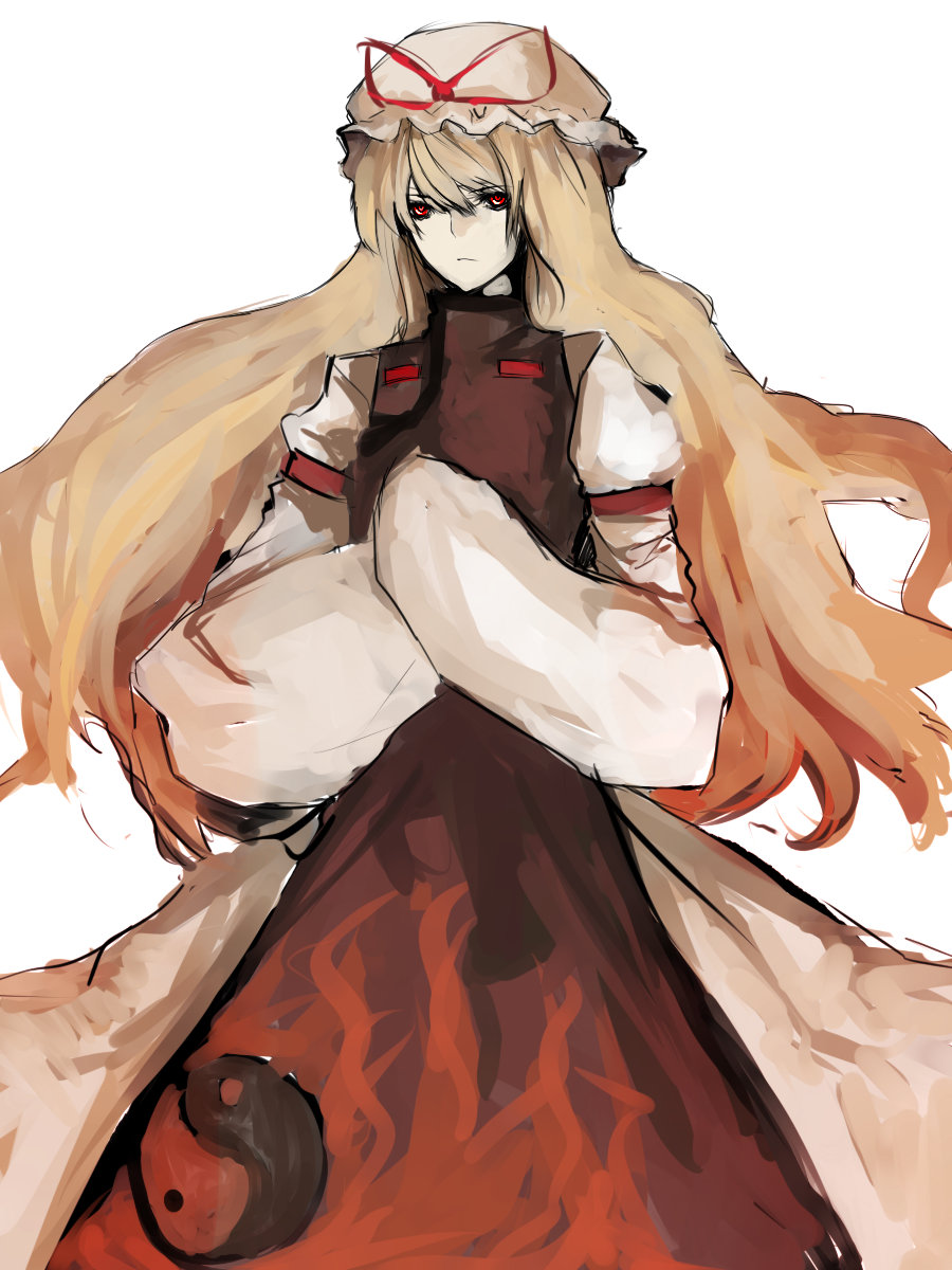 un-known (ninesix), yakumo yukari, touhou, bad id, bad pixiv id, highres, 1girl, blonde hair, dress, female focus, hat, red eyes, solo, white background
