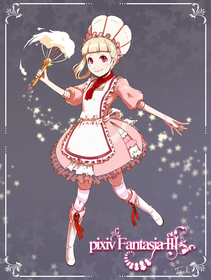 toshi punk, pixiv fantasia, pixiv fantasia 3, white footwear, apron, blonde hair, blush, boots, cream, dress, gigandal federation, hat, patterned legwear, pink eyes, shoes, smile, solo, striped clothes, striped thighhighs, thighhighs, two-tone stripes, whisk