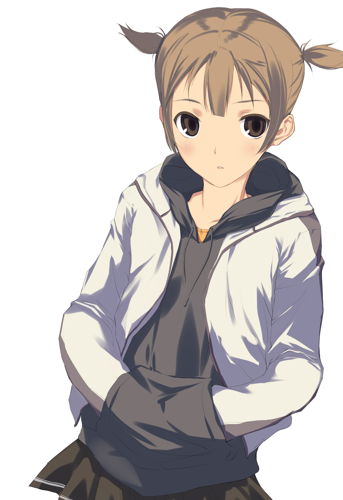 chobin, original, bad id, bad pixiv id, highres, 1girl, brown eyes, brown hair, female focus, hands in pockets, short hair, short twintails, skirt, solo, twintails