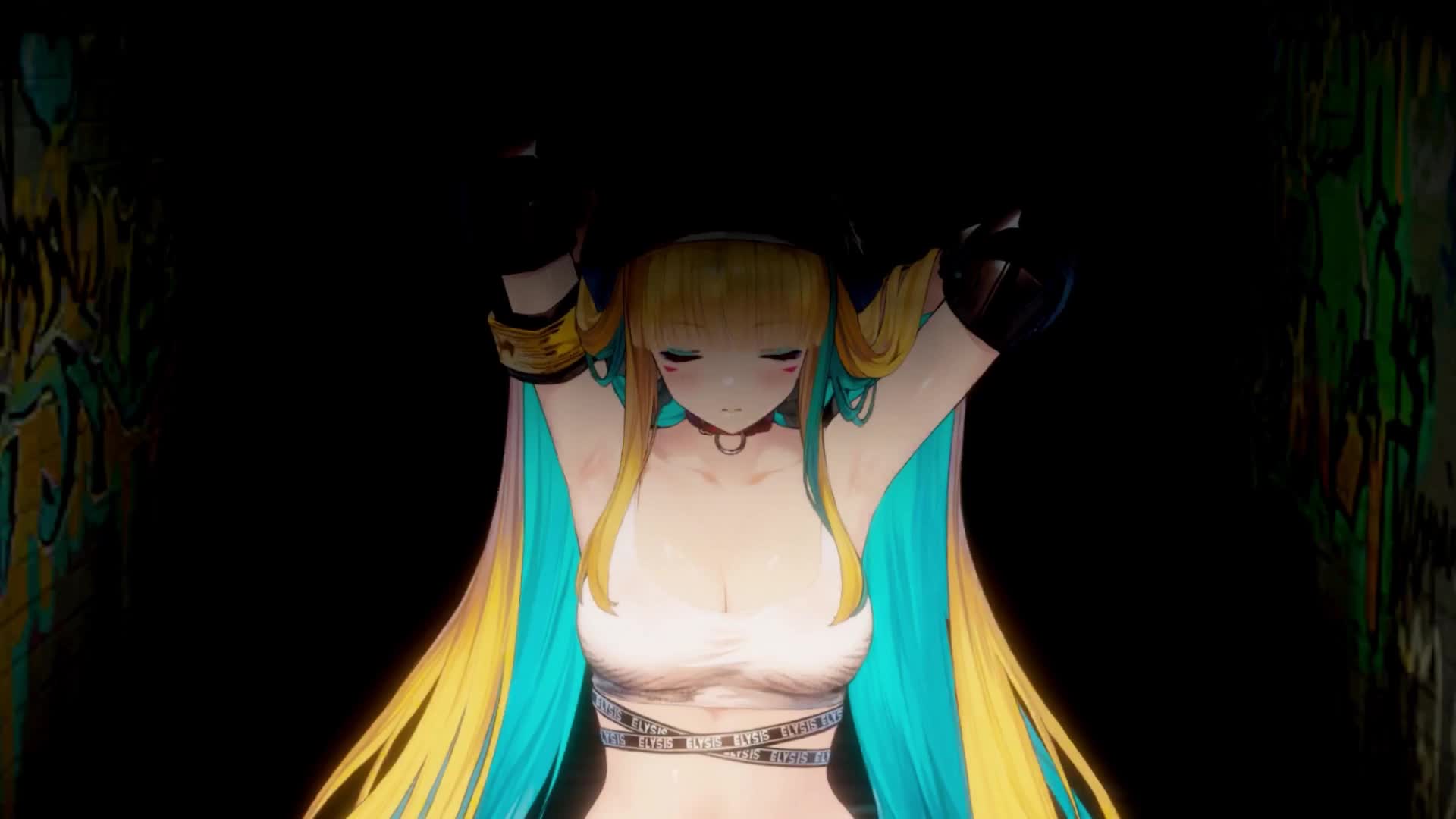 angelica (brown dust), brown dust (series), brown dust 2, animated, anime screenshot, highres, sound, tagme, video, 1girl, armband, armpits, arms behind head, asymmetrical legwear, belt, bikini, black bikini, black hat, black thighhighs, blonde hair, bouncing breasts, breasts, brown gloves, celtic cross, choker, colored inner hair, crop top, cross, elbow pads, eyebrows hidden by hair, fishnet thighhighs, fishnets, gloves, green hair, hat, holding, holding sword, holding weapon, knee pads, large breasts, long bangs, looking at viewer, multicolored hair, navel, neon lights, neon trim, red choker, red eyes, see-through clothes, see-through skirt, shoes, skirt, sneakers, stomach, subtitled, swimsuit, sword, thighhighs, thighs, two-tone hair, walking, weapon, wide hips, yellow armband