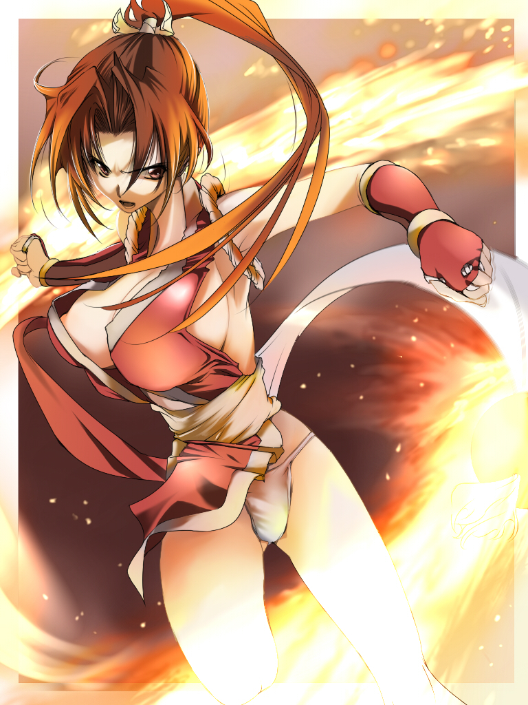 alric, shiranui mai, fatal fury, snk, the king of fighters, 1girl, breasts, brown eyes, brown hair, cleavage, female focus, fingerless gloves, gloves, huge breasts, legs, long hair, nipple slip, nipples, panties, pelvic curtain, ponytail, sideboob, solo, underwear
