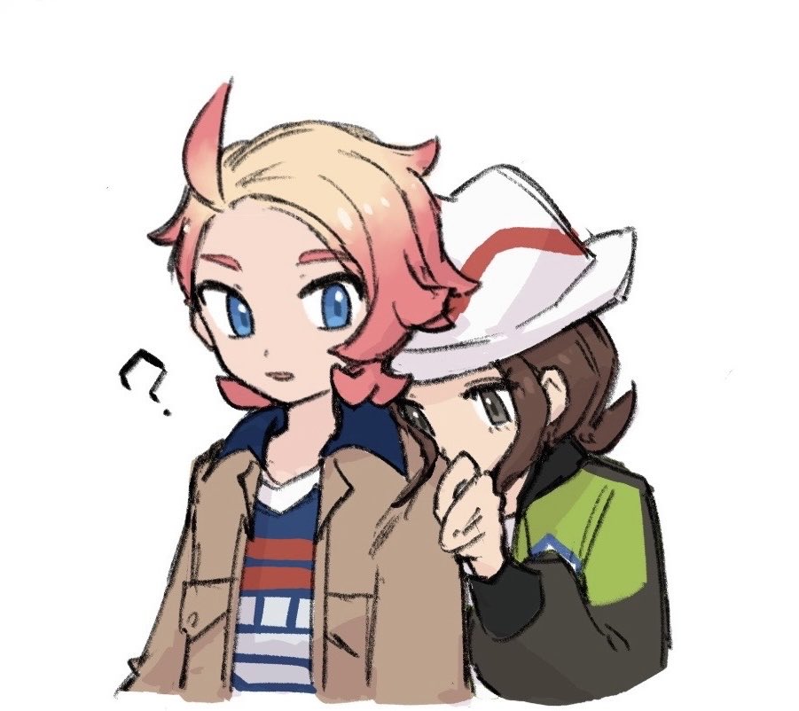 xlii idk, harmony (pokemon), urbain (pokemon), nintendo, pokemon, pokemon legends: z-a, 1boy, 1girl, ?, ahoge, blonde hair, brown hair, brown jacket, eyelashes, green jacket, hand up, hat, jacket, long sleeves, looking down, open clothes, open jacket, print shirt, shirt, simple background, white background, white hat