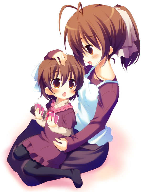 meito (maze), furukawa nagisa, okazaki ushio, clannad, 00s, age difference, antenna hair, apron, blush, brown eyes, brown hair, card, full body, hair ribbon, holding, holding card, mother and daughter, pantyhose, ponytail, ribbon, short hair, sitting, sitting on lap, sitting on person