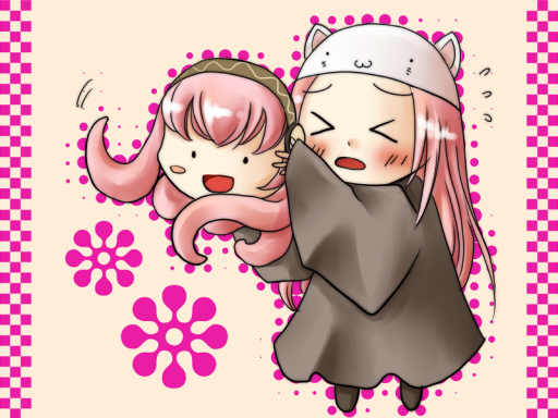 phyllon lithos, megurine luka, megurine luka (toeto), takoluka, toeto (vocaloid), vocaloid, > <, :3, :d, animal hat, cat hat, chibi, closed eyes, hat, headphones, open mouth, pink hair, smile