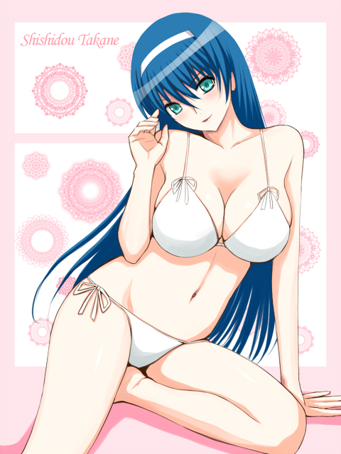 niwatori kokezou, shishidou takane, sora wo kakeru shoujo, 00s, bikini, blue hair, blush, breasts, cleavage, green eyes, hairband, large breasts, long hair, naughty face, side-tie bikini bottom, sitting, smile, solo, swimsuit, white bikini