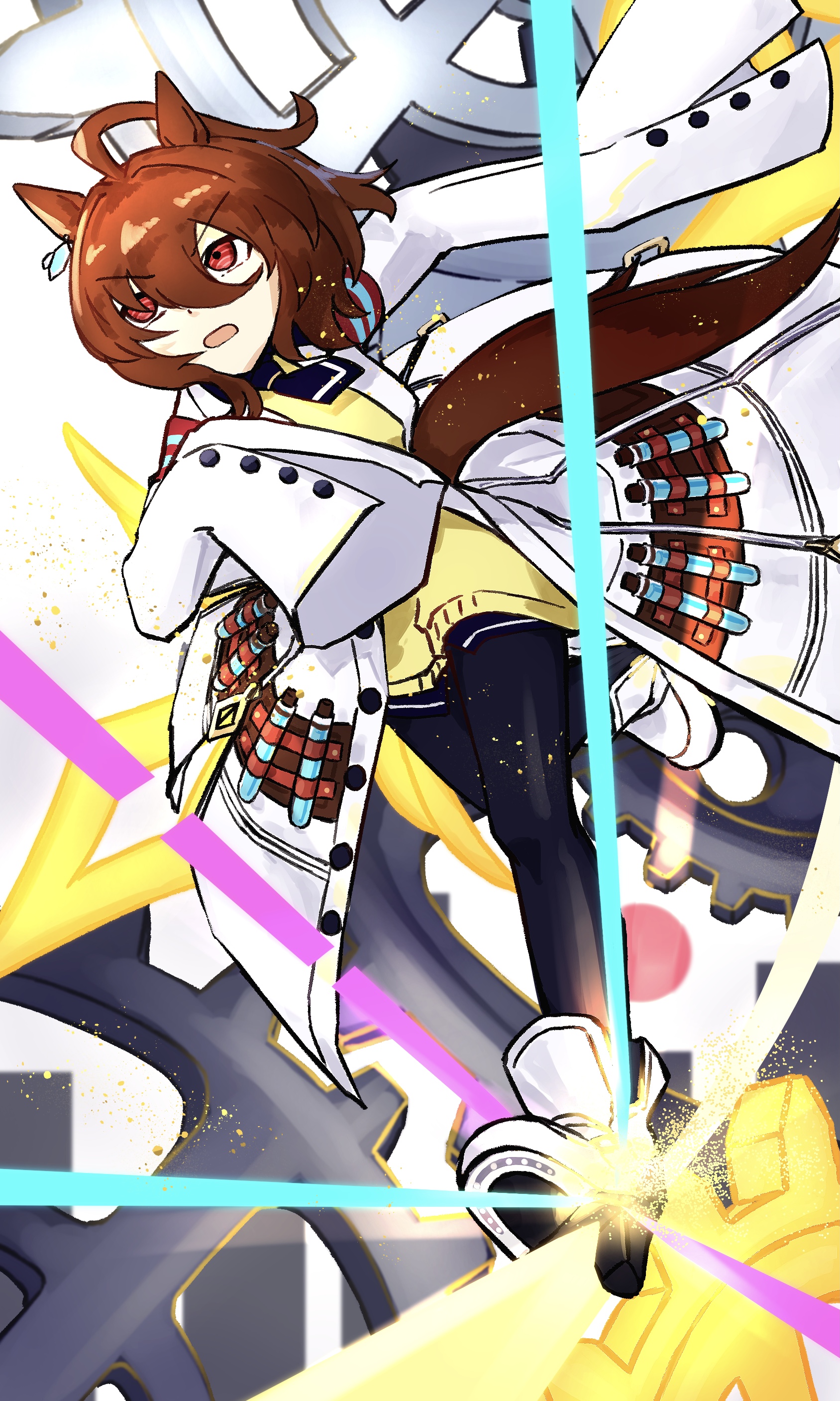 agnes tachyon (umamusume), umamusume, absurdres, highres, 1girl, 253 bcl 24282, ahoge, black necktie, black pantyhose, black shirt, boots, brown hair, chemical structure, coat, ear ornament, earrings, gears, hair between eyes, hem peeking out, high heel boots, high heels, huge ahoge, jewelry, lab coat, long sleeves, necktie, open clothes, open coat, pantyhose, red eyes, running, shirt, short hair, short necktie, single earring, sleeves past fingers, sleeves past wrists, solo, sweater, white boots, white coat, yellow sweater