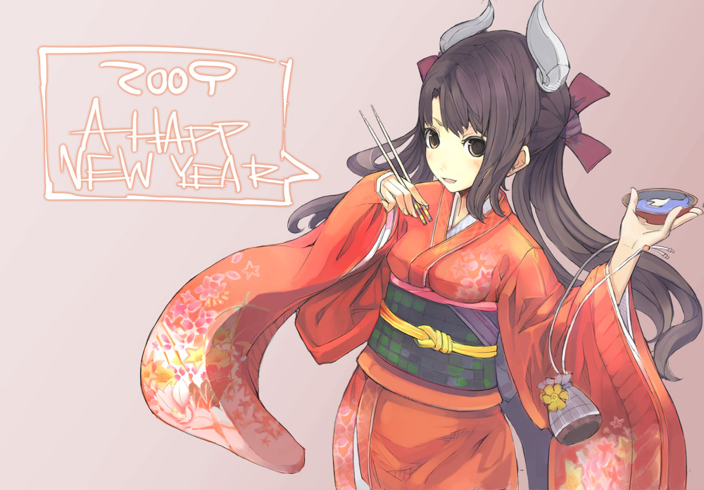 tetsu (fatqueen), original, bad id, bad pixiv id, 00s, 1girl, 2009, alcohol, brown eyes, brown hair, chopsticks, cowboy shot, cup, english text, female focus, from side, grey background, japanese clothes, kimono, long hair, new year, parted bangs, sakazuki, sake, simple background, solo, standing, very long hair