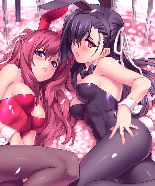 zen, kusakabe misao (11eyes), kusakabe misuzu, 11eyes, 00s, 2girls, animal ears, ass, black hair, breasts, cherry blossoms, cuffs, fake animal ears, hair over one eye, large breasts, long hair, lying, multiple girls, pantyhose, petals, pink eyes, pink hair, playboy bunny, purple eyes, rabbit ears, rabbit tail, tail