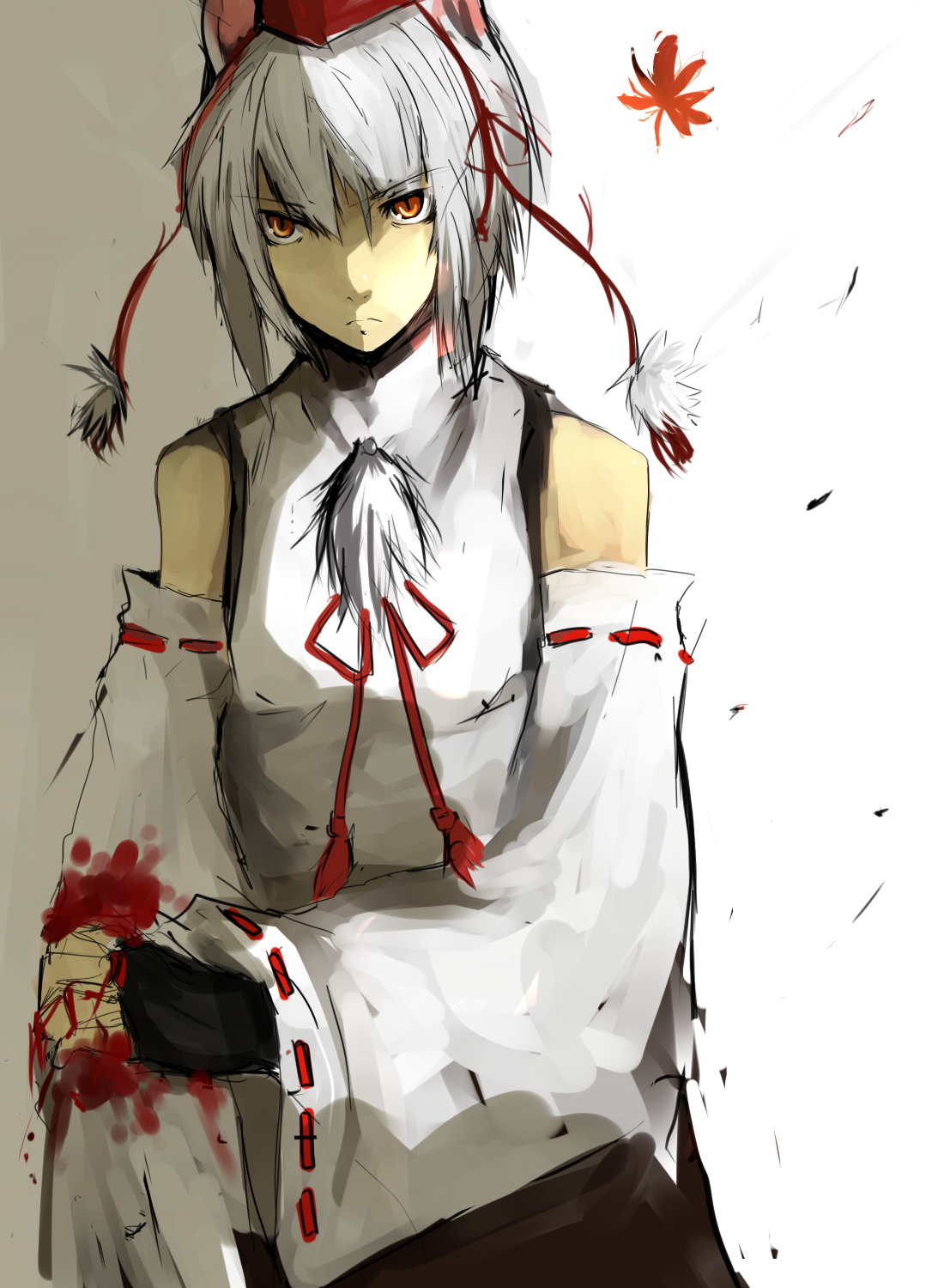 un-known (ninesix), inubashiri momiji, touhou, silver hair, bad id, bad pixiv id, highres, 1girl, animal ears, blood, detached sleeves, female focus, hat, injury, plant, serious, short hair, sketch, solo, tokin hat