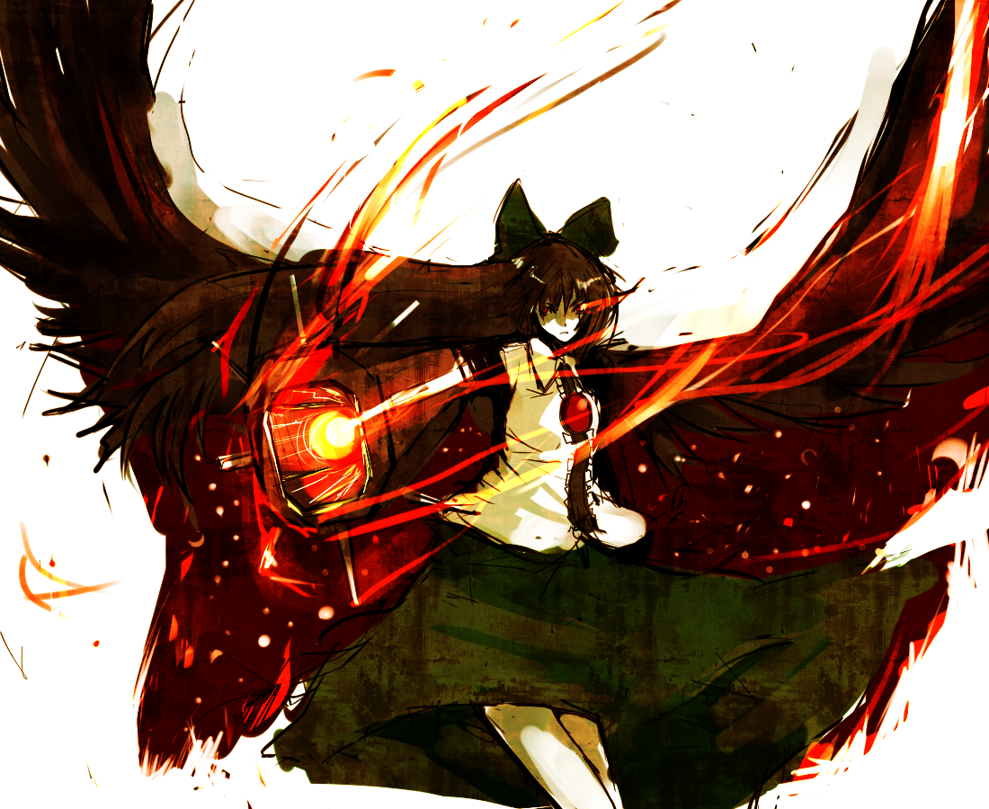 un-known (ninesix), reiuji utsuho, touhou, bad id, bad pixiv id, 1girl, brown hair, female focus, fire, ribbon, skirt, solo, white background, wings