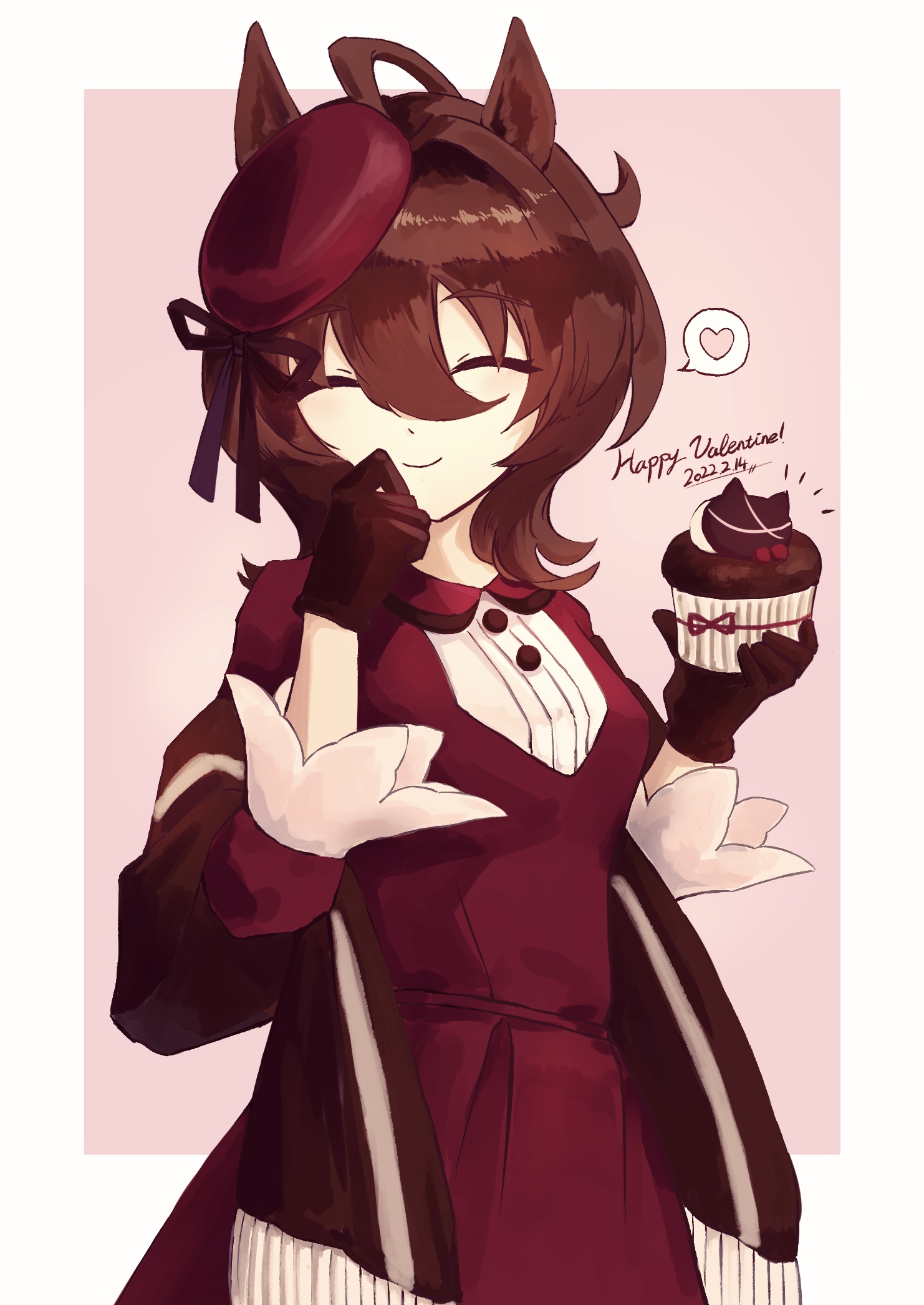 agnes tachyon (umamusume), umamusume, highres, 1girl, 253 bcl 24282, ahoge, brown hair, closed eyes, closed mouth, coat, cupcake, dated, dress, food, gloves, hair between eyes, hair intakes, hand up, happy valentine, hat, holding, holding food, huge ahoge, long sleeves, open clothes, open coat, red coat, red dress, red gloves, red hat, short hair, smile, solo, tilted headwear, wolf cut