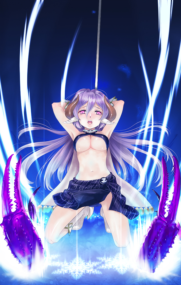 fujisaka kuuki, pixiv fantasia, pixiv fantasia 3, 1girl, animal ears, armpits, blush, breasts, cleavage, crab, crustacean, female focus, gigandal federation, horns, kneeling, large breasts, long hair, pink eyes, purple hair, skirt, solo, underboob