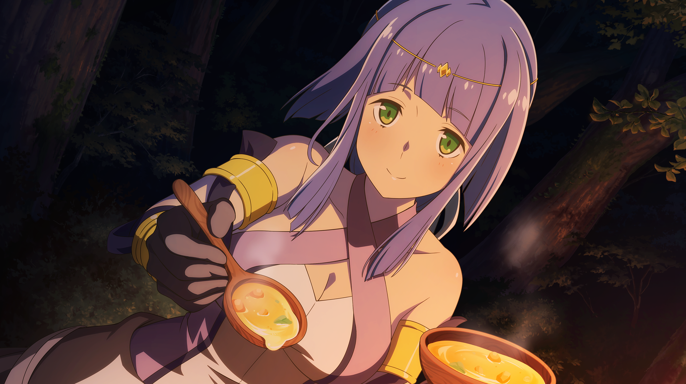 artemis (danmachi), danmachi battle chronicle, dungeon ni deai wo motomeru no wa machigatteiru darou ka, gold armlet, game cg, highres, non-web source, official art, 1girl, anime coloring, armlet, bare shoulders, black gloves, blue dress, blue hair, blunt bangs, bowl, breasts, circlet, cleavage, closed mouth, criss-cross halter, dress, feeding, food, forest, gloves, gold circlet, green eyes, halterneck, holding, holding bowl, holding spoon, incoming food, jewelry, light blush, long hair, looking at viewer, medium breasts, nature, night, outdoors, sidelocks, sleeveless, sleeveless dress, smile, solo, soup, spoon, two-tone dress, white dress, wooden bowl, wooden spoon