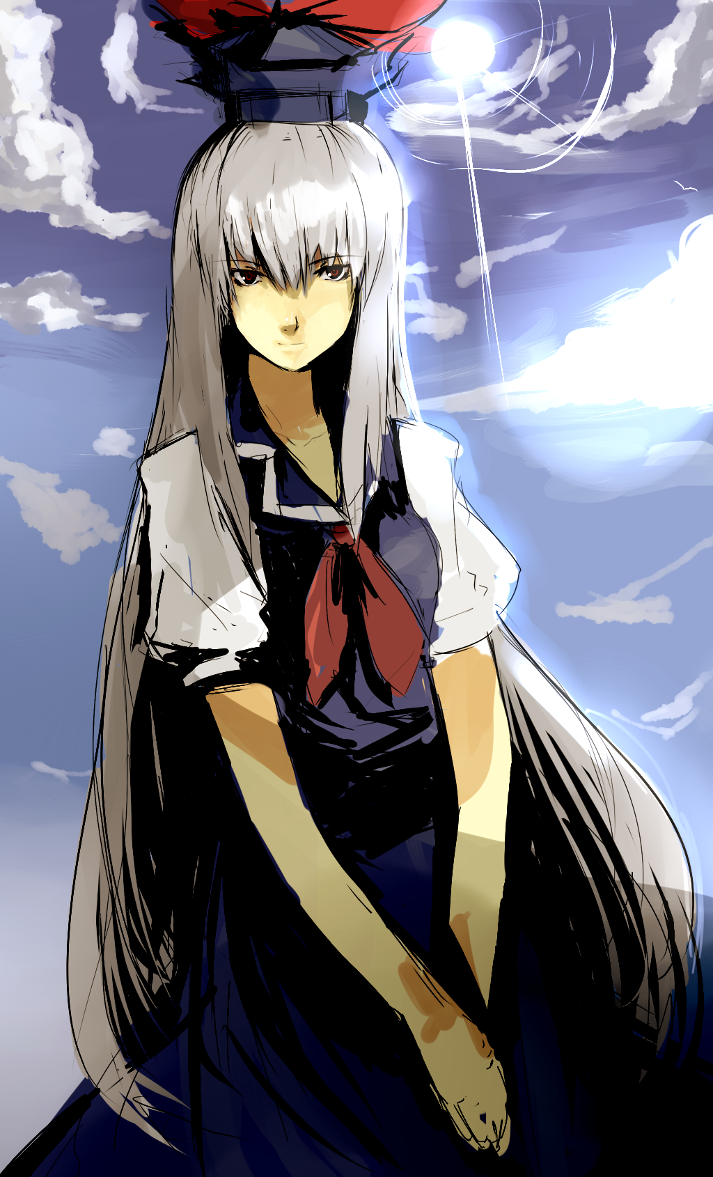 un-known (ninesix), kamishirasawa keine, touhou, silver hair, bad id, bad pixiv id, highres, 1girl, cloud, female focus, hat, long hair, outdoors, sky, solo, standing, very long hair
