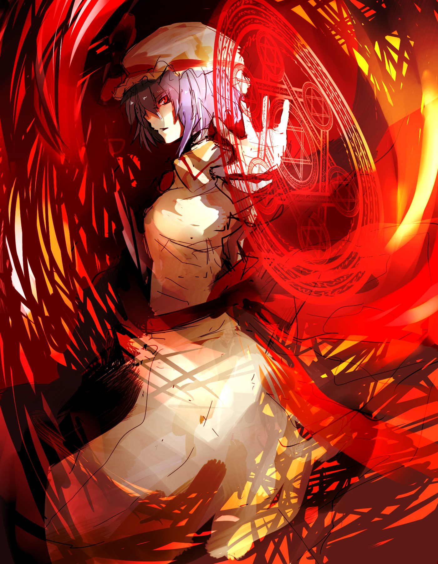 un-known (ninesix), remilia scarlet, touhou, bad id, bad pixiv id, highres, 1girl, blue hair, female focus, hat, hexagram, magic circle, red eyes, solo