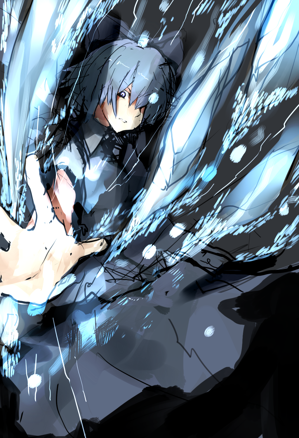 un-known (ninesix), cirno, touhou, bad id, bad pixiv id, highres, 1girl, blue eyes, blue hair, dress, female focus, ice, matching hair/eyes, ribbon, solo