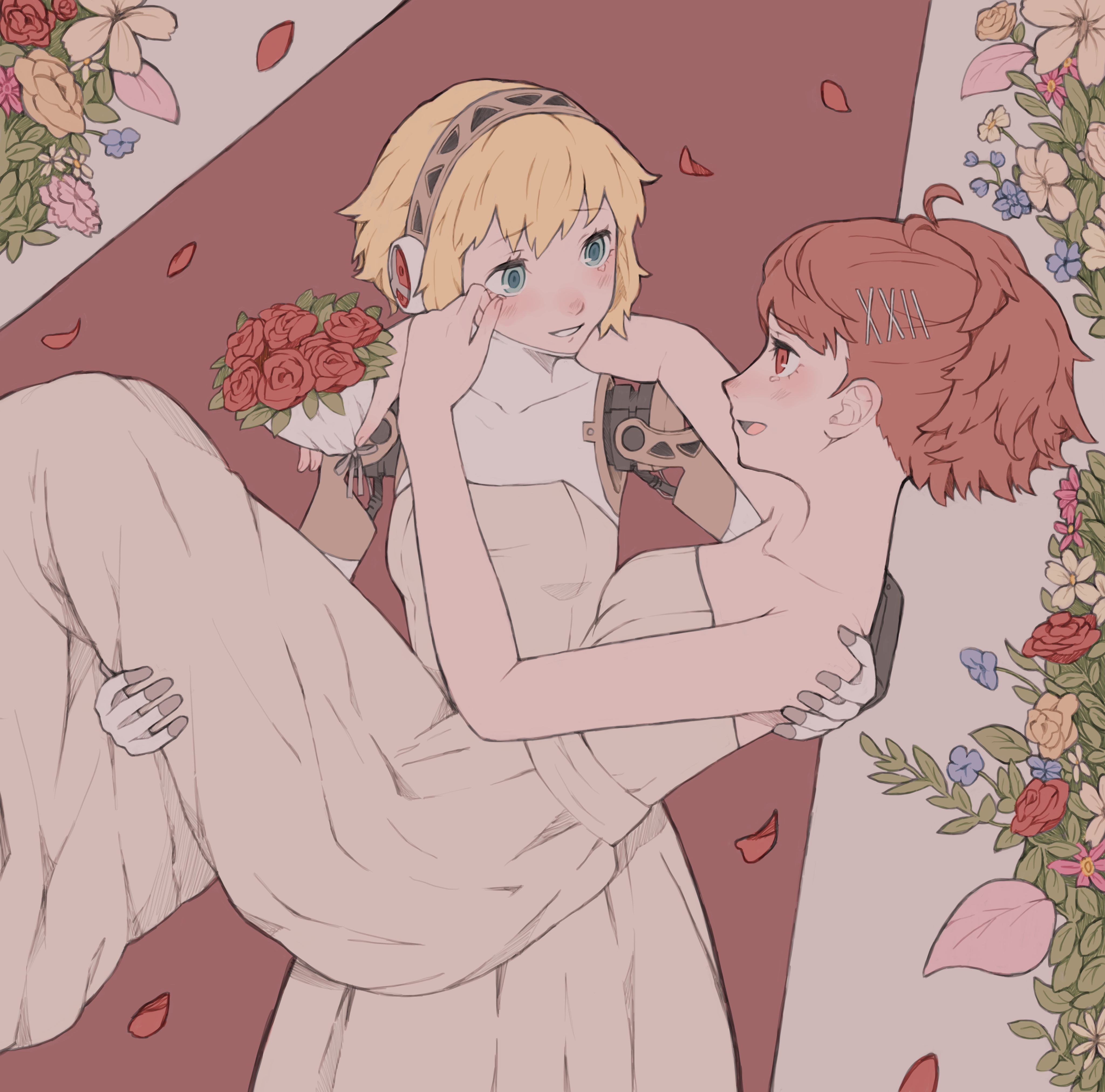 tbjj1208, aigis (persona), shiomi kotone, persona, persona 3, persona 3 portable, absurdres, commentary, highres, symbol-only commentary, 2girls, android, aqua eyes, arm around neck, bare shoulders, blonde hair, blush, bouquet, carrying, carrying person, dress, falling petals, flower, gold hairband, hair ornament, hairband, hairclip, hand on another's face, holding, holding bouquet, joints, long dress, looking at another, mechanical arms, multiple girls, open mouth, petals, ponytail, princess carry, red carpet, red flower, red hair, red petals, red rose, robot ears, robot joints, rose, short hair, smile, strapless, strapless dress, tears, wedding, wedding dress, white dress, wife and wife, wiping tears, yuri