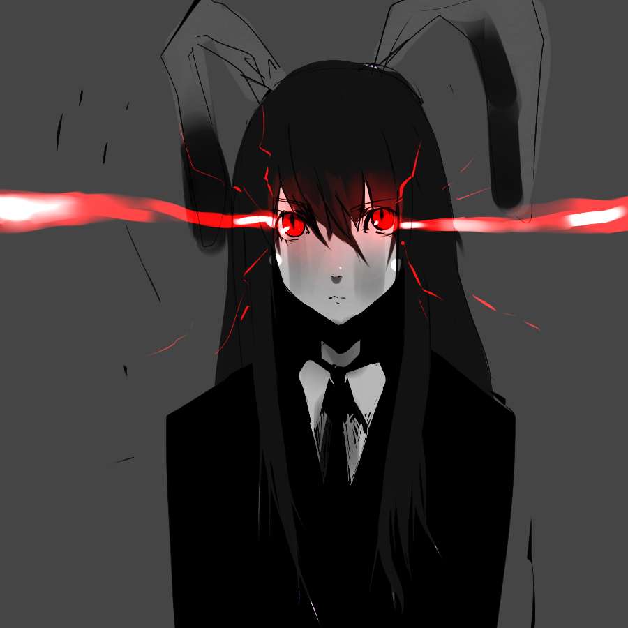 un-known (ninesix), reisen udongein inaba, touhou, bad id, bad pixiv id, 1girl, animal ears, female focus, glowing, glowing eyes, grey background, long hair, monochrome, necktie, rabbit ears, red eyes, solo, spot color, upper body