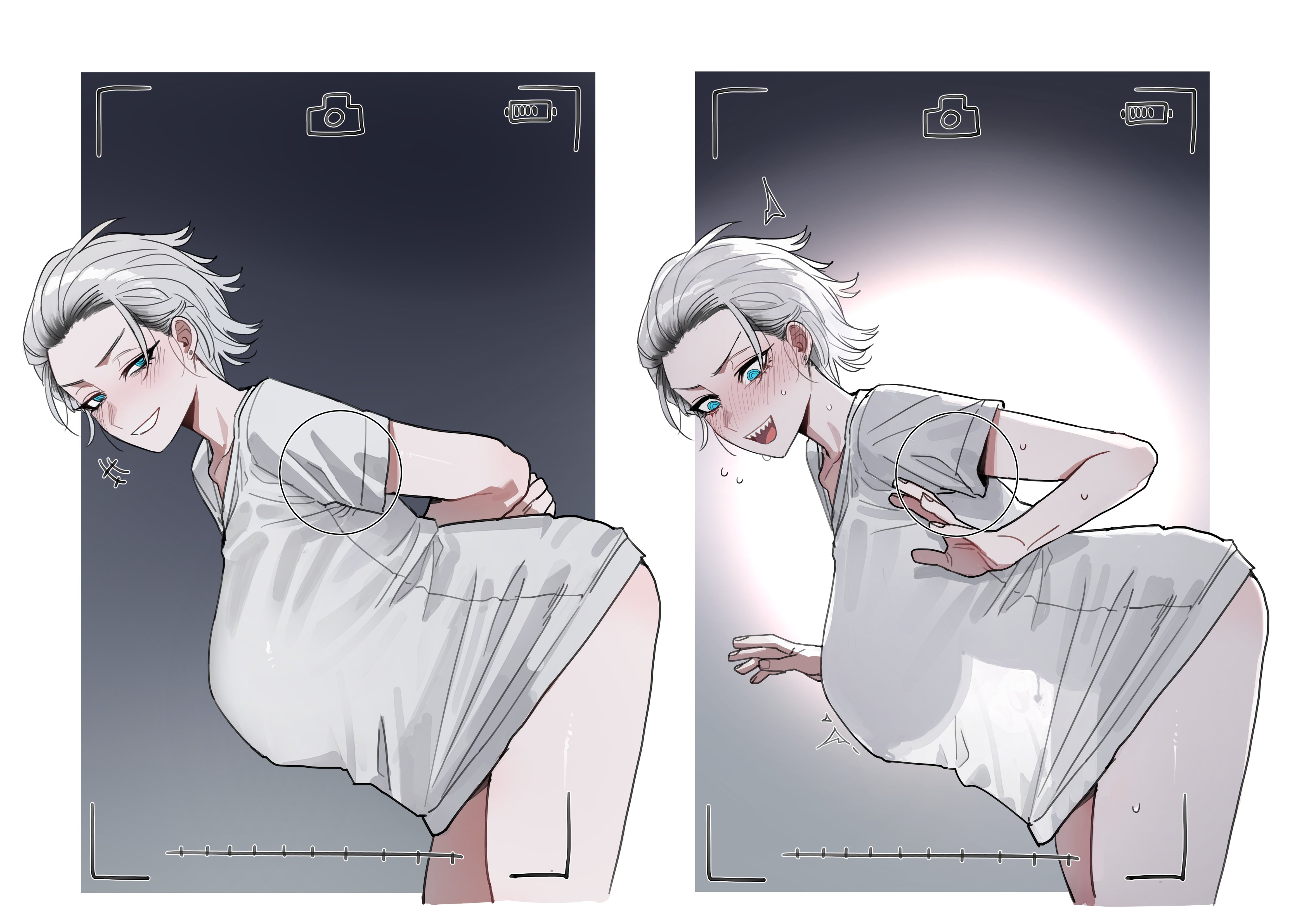ratatatat74, original, absurdres, commentary, english commentary, highres, +++, 1girl, @ @, arms behind back, battery indicator, bent over, blue eyes, blush, border, breasts, cropped legs, ear blush, earrings, embarrassed, flying sweatdrops, grey hair, grin, hair slicked back, half-closed eyes, huge breasts, jewelry, looking at viewer, multiple views, nipple piercing, nipple rings, no pants, open mouth, outside border, oversized clothes, oversized shirt, piercing, see-through silhouette, sharp teeth, shirt, short hair, short sleeves, sidelighting, smile, stud earrings, sweat, t-shirt, teeth, v-shaped eyebrows, viewfinder, white border, white shirt