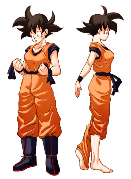 son goku, dragon ball, dragonball z, 1girl, barefoot, belt, boots, dougi, feet, female focus, genderswap, genderswap (mtf), martial arts belt, pants, pants tucked in, solo, surprised