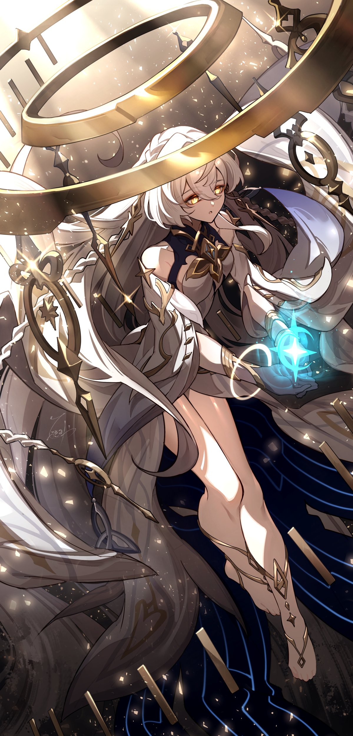 hizuki miya, istaroth (genshin impact), genshin impact, absurdres, commentary request, highres, 1girl, bare shoulders, barefoot, braid, dress, floating hair, hair between eyes, halo, long hair, long sleeves, orb, parted lips, single braid, solo, thighs, very long hair, white dress, white hair, wide sleeves, yellow eyes