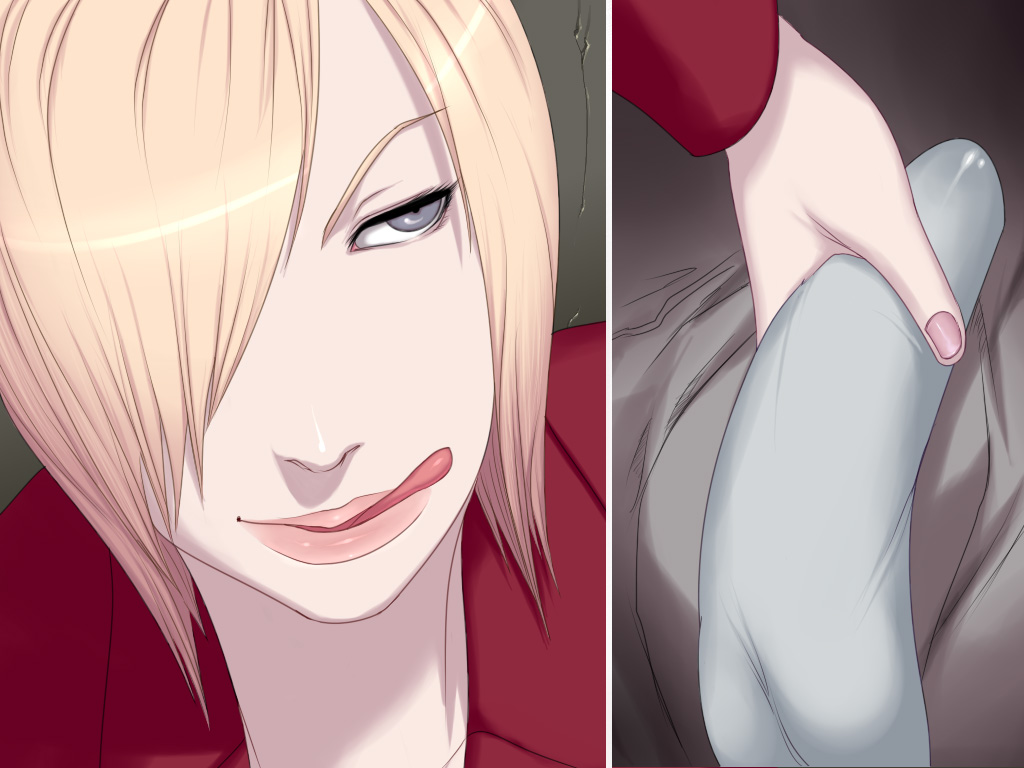 sawao, alyssa ashcroft, jim chapman, resident evil, resident evil outbreak, 1girl, blonde hair, blue eyes, breasts, handjob, licking lips, lips, lipstick, makeup, nail polish, naughty face, penis, pink nails, short hair, solo focus, tongue, tongue out
