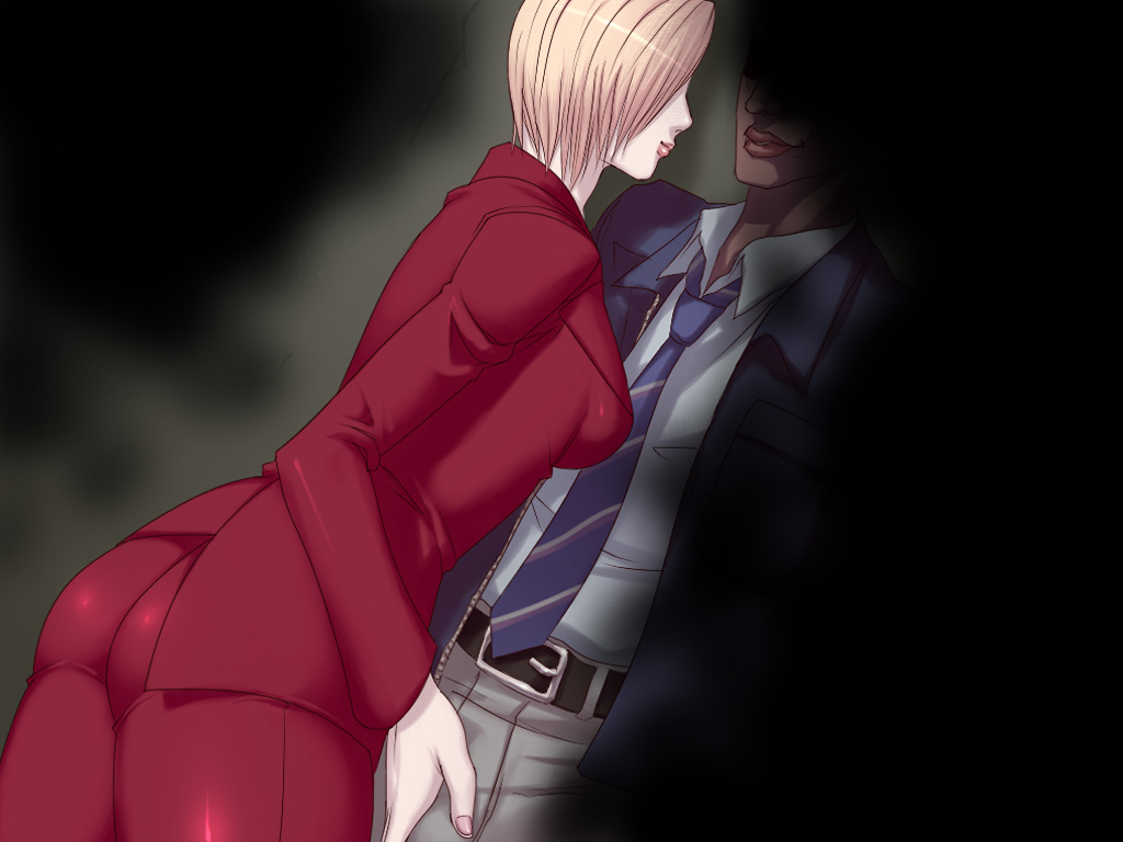 sawao, alyssa ashcroft, jim chapman, capcom, resident evil, resident evil outbreak, 1boy, 1girl, ass, blonde hair, blue eyes, breasts, crotch rub, dark-skinned male, dark skin, formal clothes, interracial, lipstick, makeup, medium breasts, nail polish, pink nails, short hair, skin tight, smile