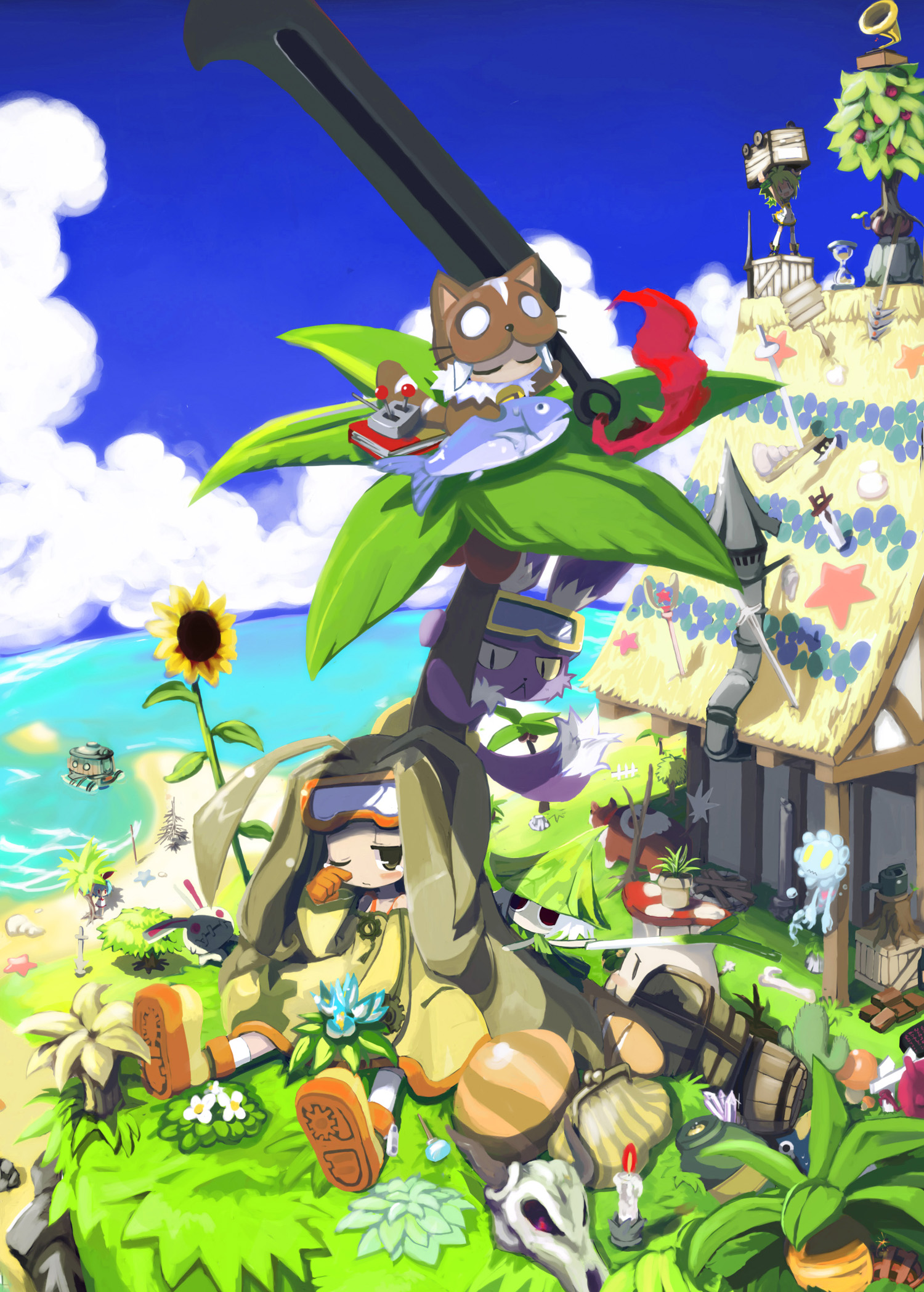 100, 100percent park, hyaku (q100), eringya (marl kingdom), fusionist (phantom brave), hell corgi (phantom brave), marona (phantom brave), pleinair, prinny, putty, putty (phantom brave), saber kitty, saber kitty (disgaea), usagi-san, marl kingdom, original, phantom brave, highres, 3girls, brown eyes, brown hair, candle, gameplay mechanics, goggles, green hair, long hair, multiple girls, ocean, short hair, very long hair, | |