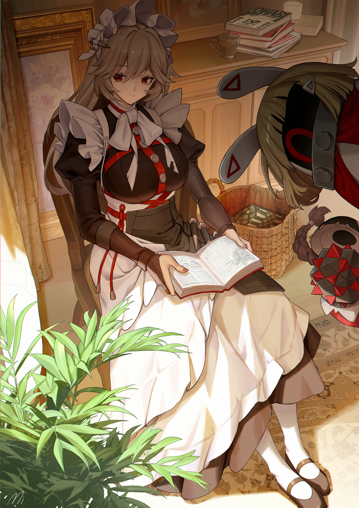 mi (630956686), alexandrina sebastiane, anastella (zenless zone zero), bangboo (zenless zone zero), drusilla (zenless zone zero), zenless zone zero, commentary request, highres, 1girl, 2others, apron, basket, black dress, black shoes, book, breasts, brown hair, carpet, chair, closed mouth, cup, curtains, dress, gloves, hair between eyes, holding, holding book, indoors, knife, large breasts, long dress, long hair, looking to the side, maid, maid apron, maid headdress, multiple others, nail polish, on chair, painting (object), pantyhose, partially fingerless gloves, pile of books, plant, potted plant, red eyes, shadow, shoes, sitting, weapon, white pantyhose