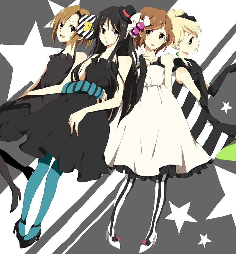 karu, yuzuki karu, akiyama mio, hirasawa yui, kotobuki tsumugi, tainaka ritsu, don't say "lazy", k-on!, striped legwear, vertical-striped legwear, bad id, bad pixiv id, 00s, 4girls, black hair, blue pantyhose, brown hair, dress, earrings, green pantyhose, hat, ho-kago tea time, jewelry, long hair, mini hat, mini top hat, multiple girls, pantyhose, short hair, striped clothes, striped pantyhose, top hat, vertical-striped clothes, vertical-striped pantyhose