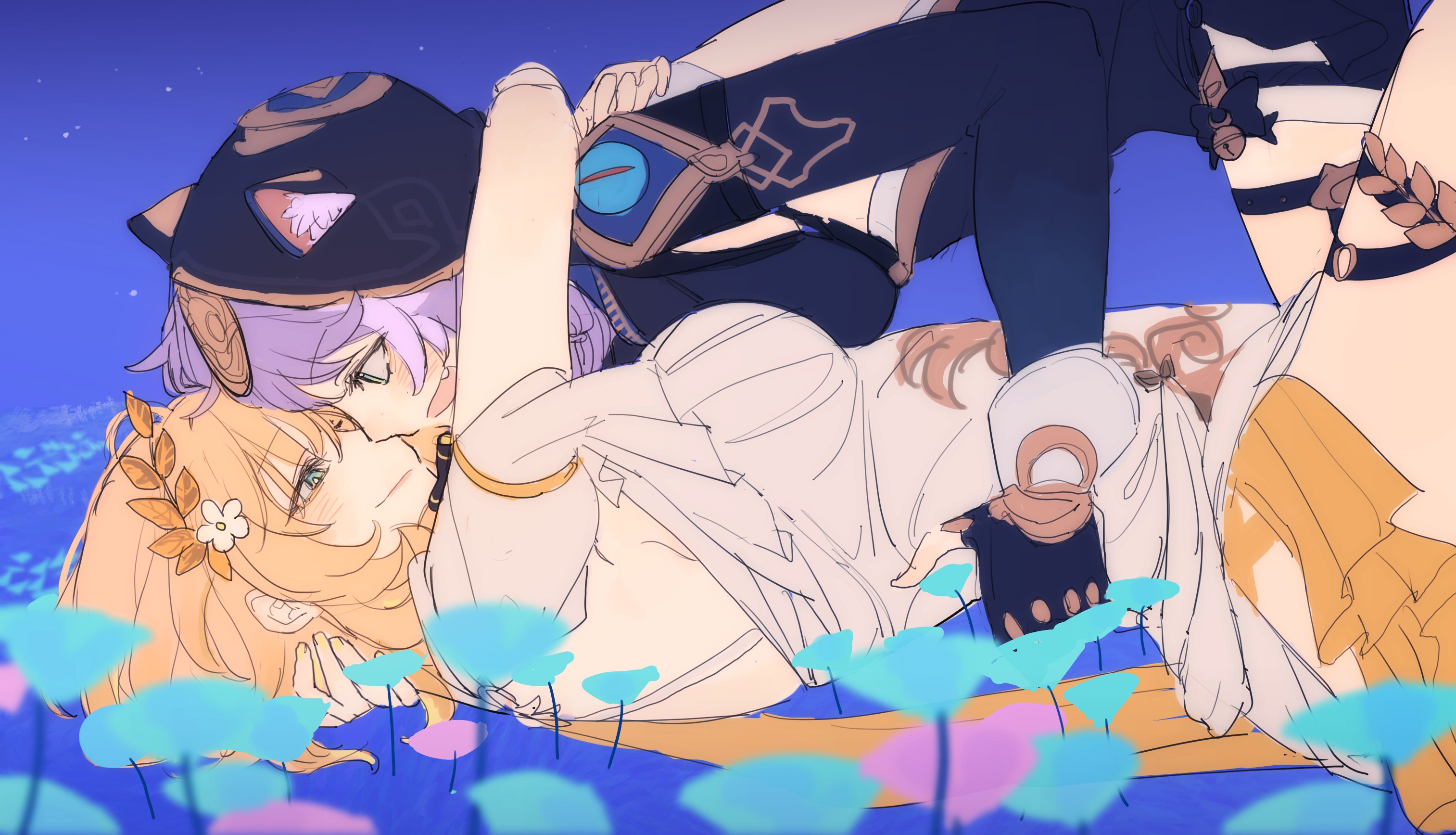 eardoor 1022, aglaea (honkai: star rail), cipher (honkai: star rail), honkai: star rail, honkai (series), highres, korean commentary, 2girls, animal ear fluff, animal ears, animal hood, blonde hair, breasts, cat ears, cat girl, dress, flower, from side, gloves, green eyes, grey hair, hood, hug, imminent kiss, laurel crown, leotard, lying, multiple girls, sky, thigh strap, white streaks, yuri