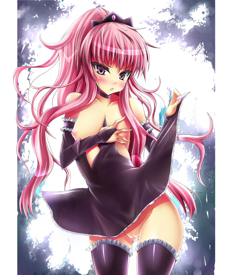 watanaba, louise francoise le blanc de la valliere, zero no tsukaima, 00s, 1girl, arm garter, blush, breasts, clothes lift, detached sleeves, dress, dress lift, elbow gloves, embarrassed, female focus, flat chest, gloves, long hair, nipples, no panties, pink eyes, pink hair, pussy, short dress, solo, standing, thighhighs, tiara, uncensored, wardrobe malfunction, zettai ryouiki
