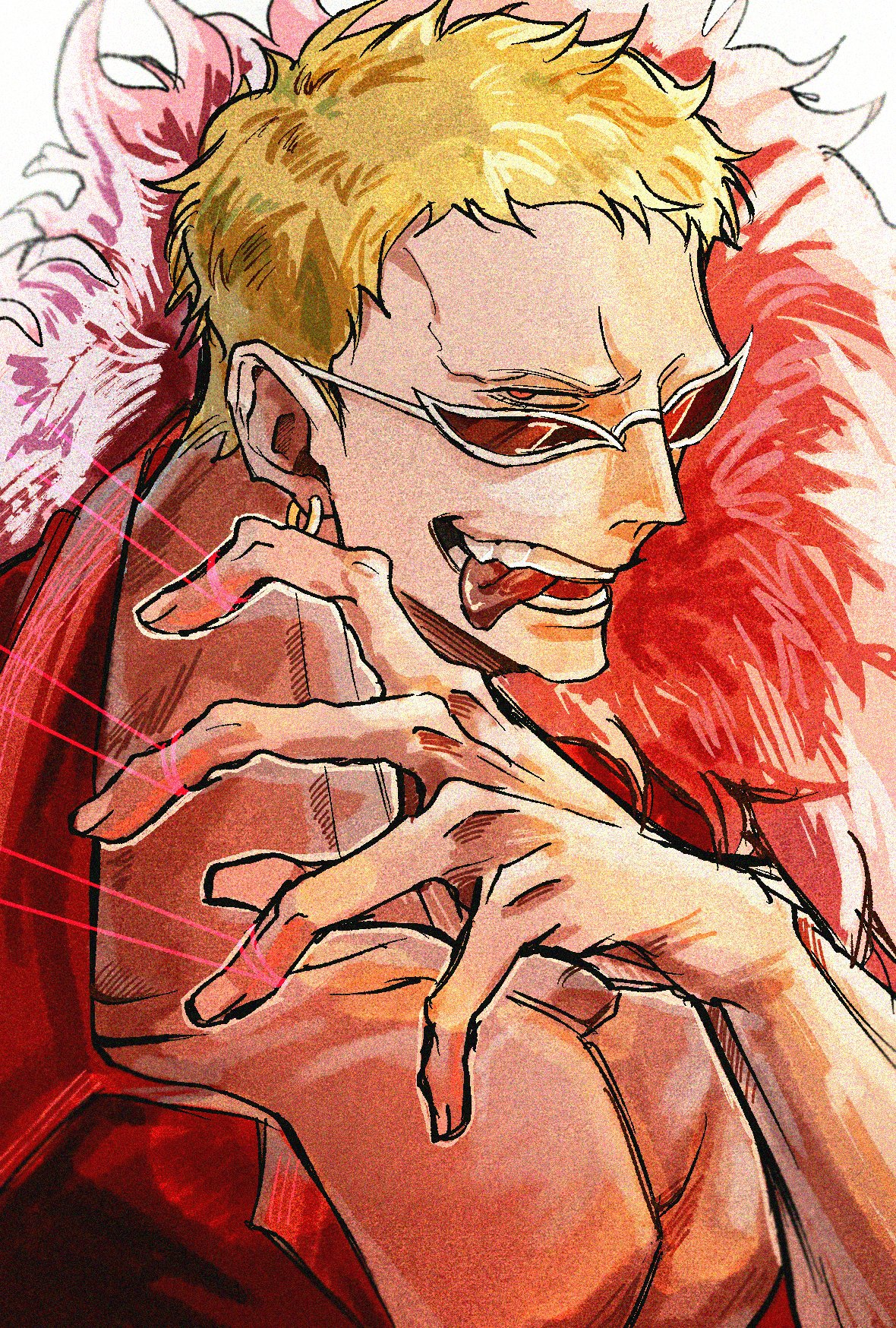 donquixote doflamingo, one piece, highres, 1boy, blonde hair, cardio y, coat, devil fruit power, earrings, jewelry, looking over eyewear, male focus, open clothes, open shirt, pectorals, pink coat, portrait, red eyes, red shirt, shirt, short hair, sunglasses, teeth, thread, tongue, tongue out