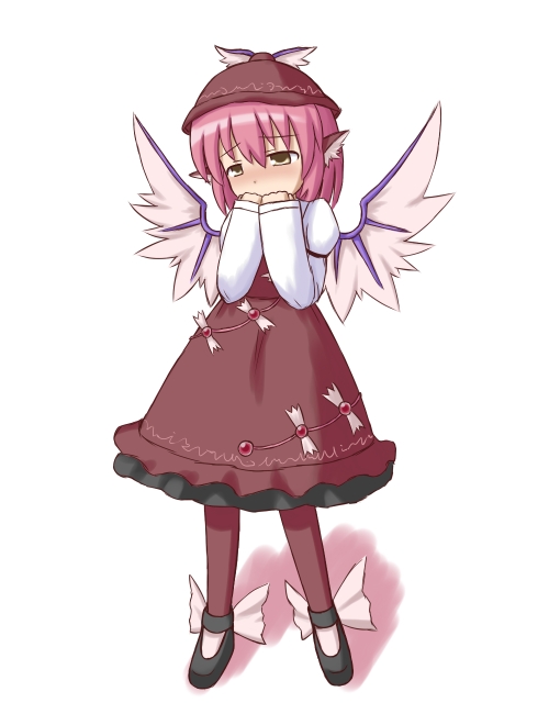 phantom2071, mystia lorelei, touhou, looking away, 1girl, animal ears, blush, brown eyes, clenched hands, covering own mouth, embarrassed, female focus, pink hair, solo, wings