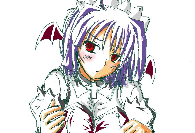c (neta), magukappu, urako, urahara urako, ukagaka, 1girl, cross, female focus, head wings, maid, purple hair, red eyes, simple background, solo, wings