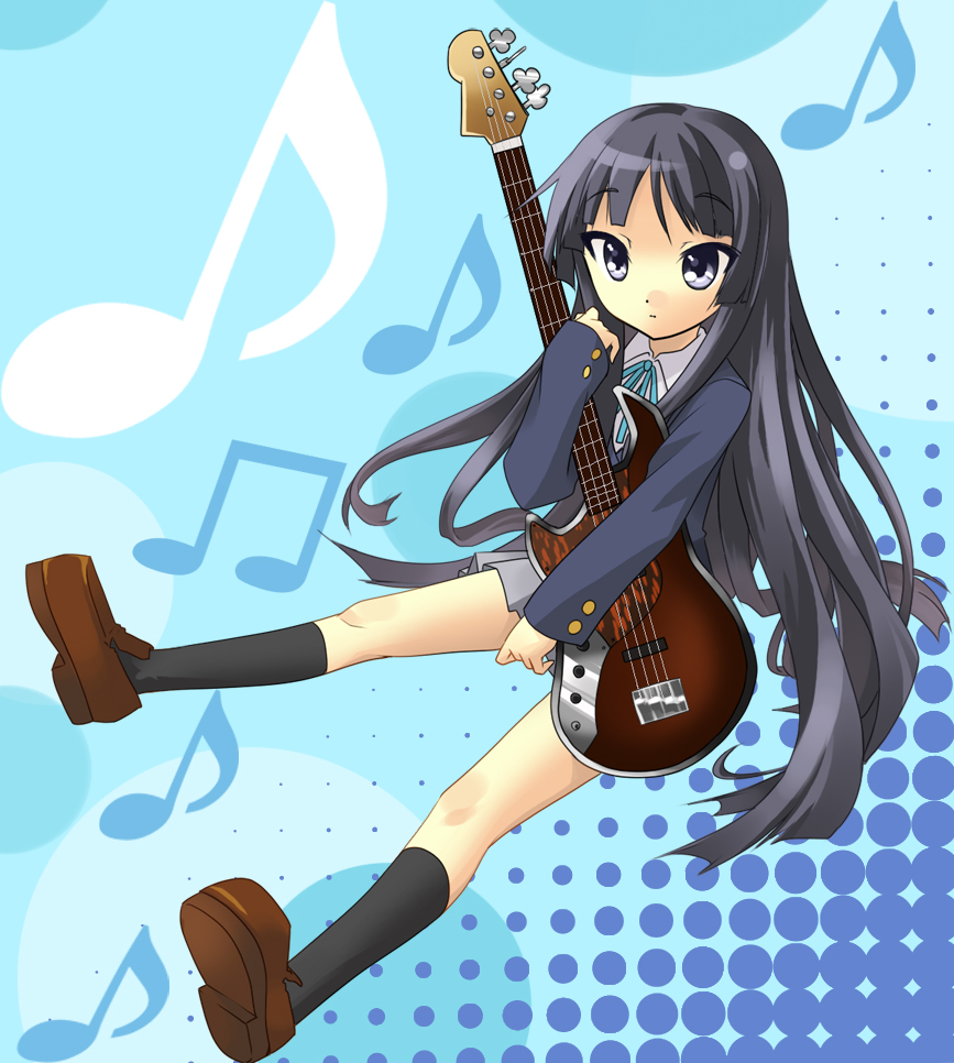 yukigumo, akiyama mio, k-on!, 00s, 1girl, bass guitar, black hair, blunt bangs, female focus, full body, guitar, hime cut, instrument, musical note, school uniform, skirt, solo