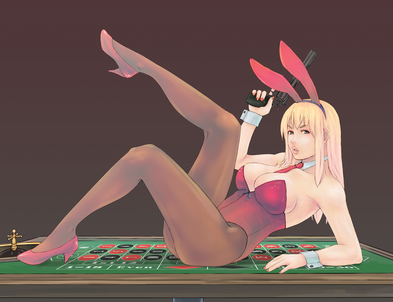 alva, original, 1girl, animal ears, blonde hair, breasts, colt python, cuffs, fake animal ears, female focus, green eyes, gun, handgun, high heels, highleg, highleg leotard, large breasts, leotard, nail polish, necktie, pantyhose, pink nails, playboy bunny, rabbit ears, revolver, roulette table, shoes, solo, table, weapon