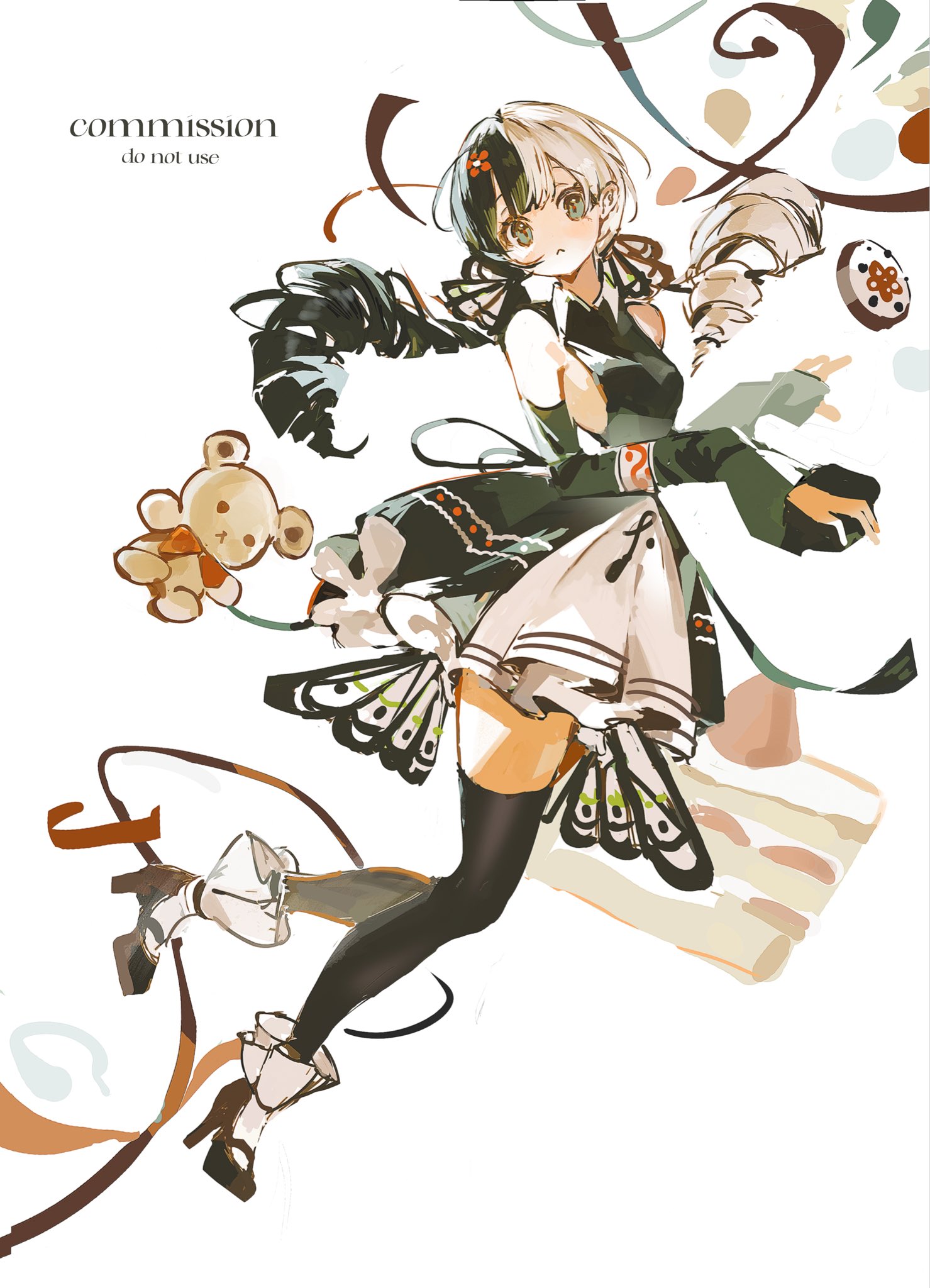 pukiko99, original, highres, 1girl, :<, bare shoulders, black dress, black hair, black thighhighs, breasts, cake, cake slice, detached sleeves, dress, drill hair, food, green eyes, high heels, long hair, looking at viewer, multicolored hair, ribbon, sideboob, simple background, sleeves past wrists, solo, stuffed animal, stuffed toy, teddy bear, thighhighs, twin drills, twintails, two-tone hair, white background, white hair