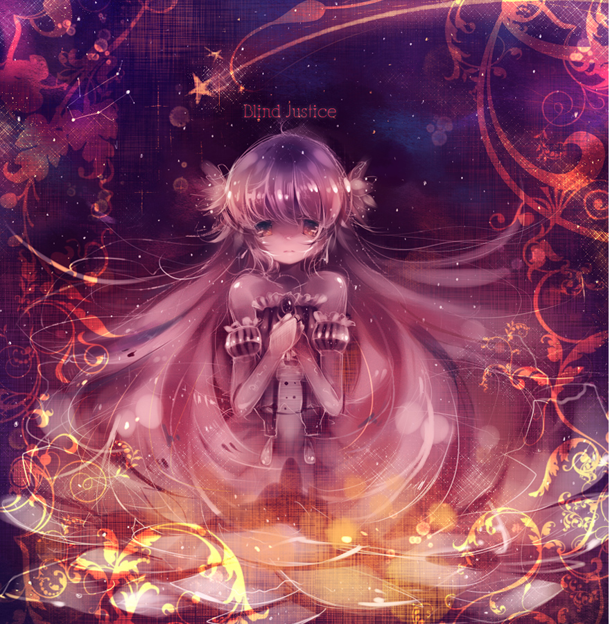 kirero, matin catorce, beatmania iidx, bemani, blind justice, zektbach, 1girl, dress, female focus, hands on own chest, long hair, purple theme, sad, solo, very long hair