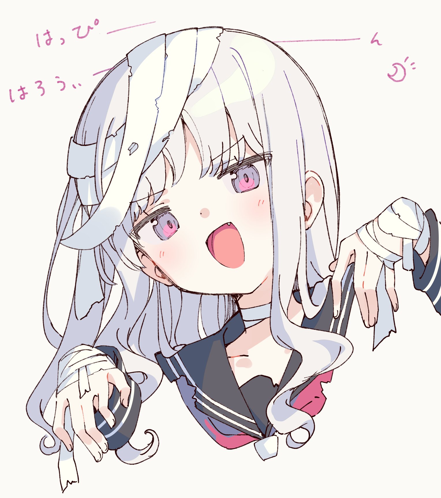 zoirun, original, highres, 1girl, :d, bandaged hand, bandaged head, bandaged neck, bandages, black sailor collar, blush, fang, grey background, long hair, long sleeves, looking at viewer, mummy costume, neckerchief, open mouth, pink eyes, portrait, purple eyes, red neckerchief, sailor collar, school uniform, serafuku, simple background, smile, solo, white hair